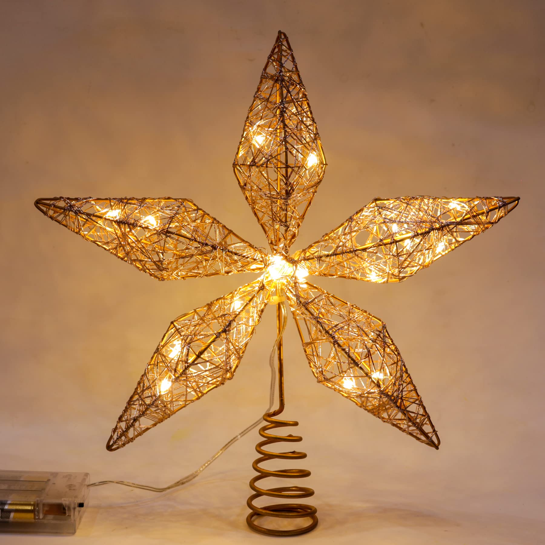 Lotus Hills Christmas Tree Topper, 10" Star Tree Topper with Warm Lights, Battery Operated Christmas Tree Star Topper, Christmas Star Tree Topper with Timing Battery Case, Gold Tree Topper Star