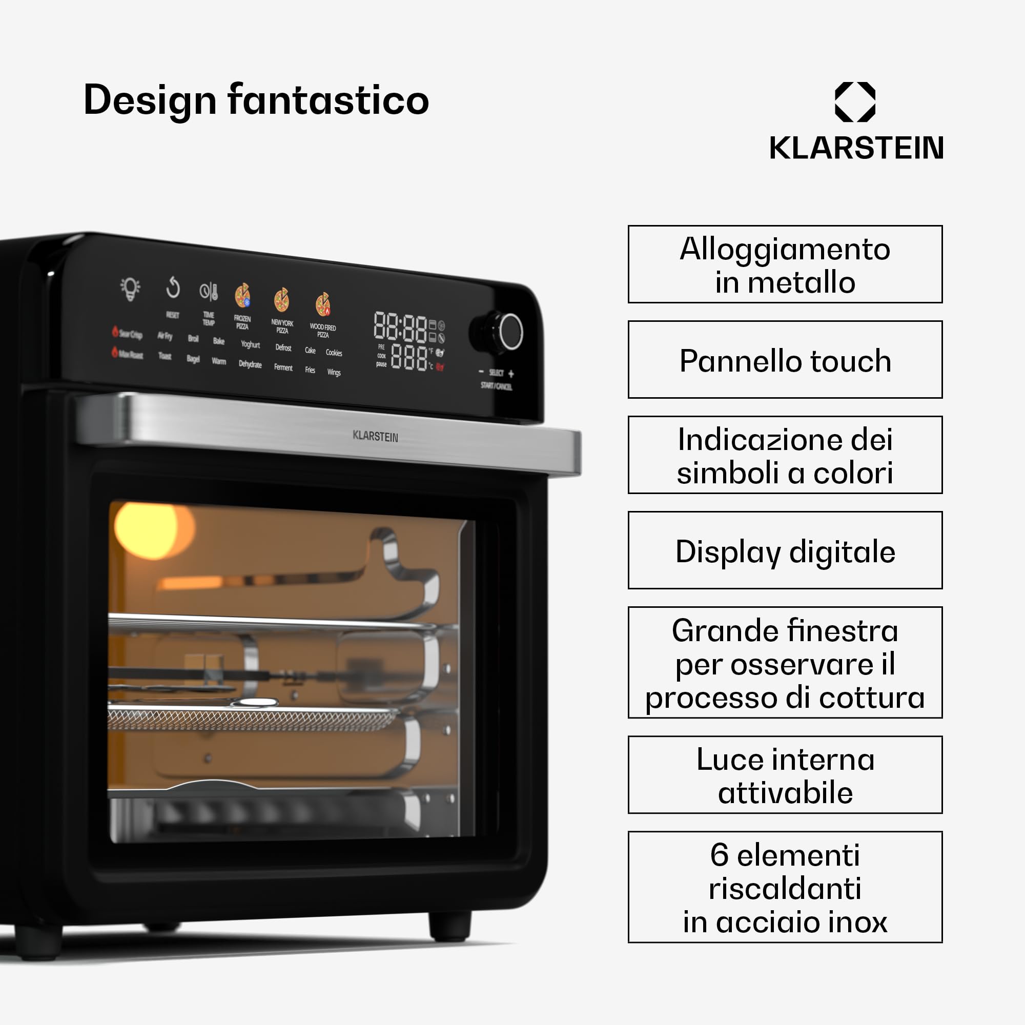 Klarstein AirGlaze - Friggitrice Ad Aria, 34L, Fornetto, 2,000W, 19 Programmi, Display Digitale, Funzione Girarrosto, Accessori Rimovibili, Sportello A Doppio Vetro, Nero