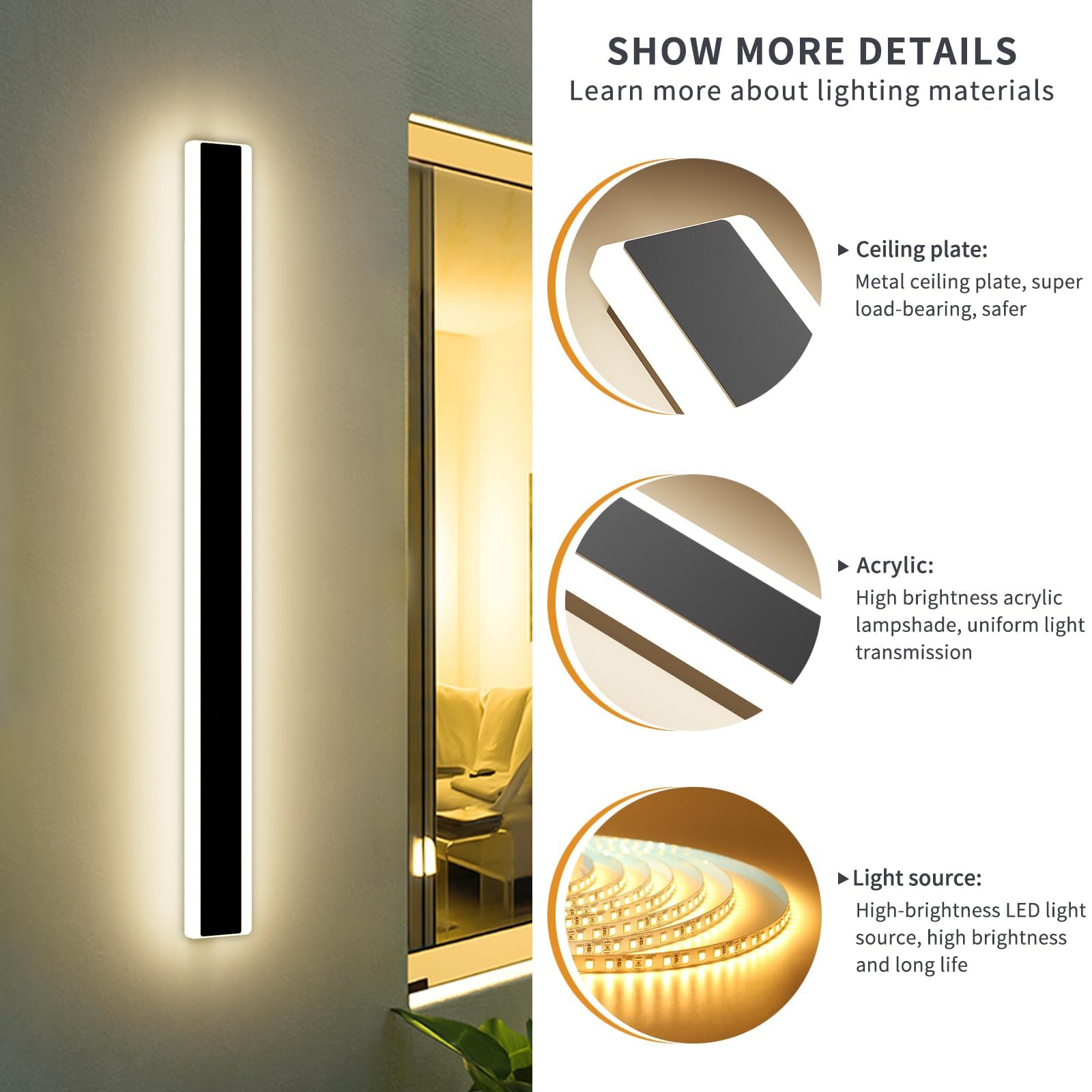 Mikeru 80CM Dimmable Outdoor Wall Light, Acrylic Wall Light IP64 Rainproof 3000K/4500K/6000K Wall-Mounted Minimalist Sconce Lights Remote Control (Without Battery) for Shop Exterior Walls — view 3