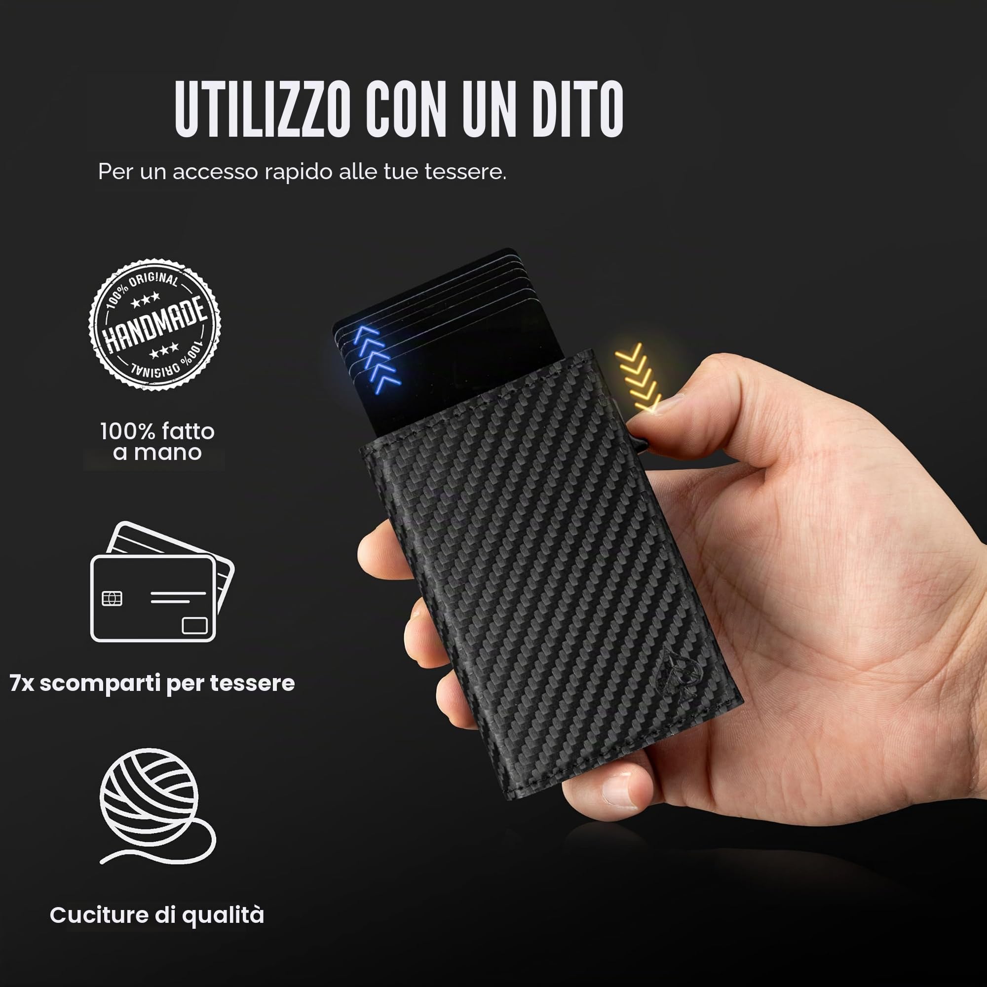 CARD Nine! Portafoglio Uomo Slim - Porta Carte Magnetico - Alta Qualità - Protezione RFID - Per 8 Carte Di Credito - Chiusura Magnetica - Portatessere (Carbon, Con Portamonete)