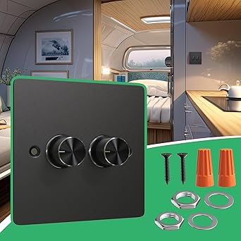 12V Dimmer Switch, DC12V/24V Double Dimmer Light Switch, 2 Gang 120W 5A PWM Black Dimmer Switch, Push On/Off Rotary Switch 3%-100% Dimmable for Camper/Motorhome/Boat/Van/Trailer/Truck