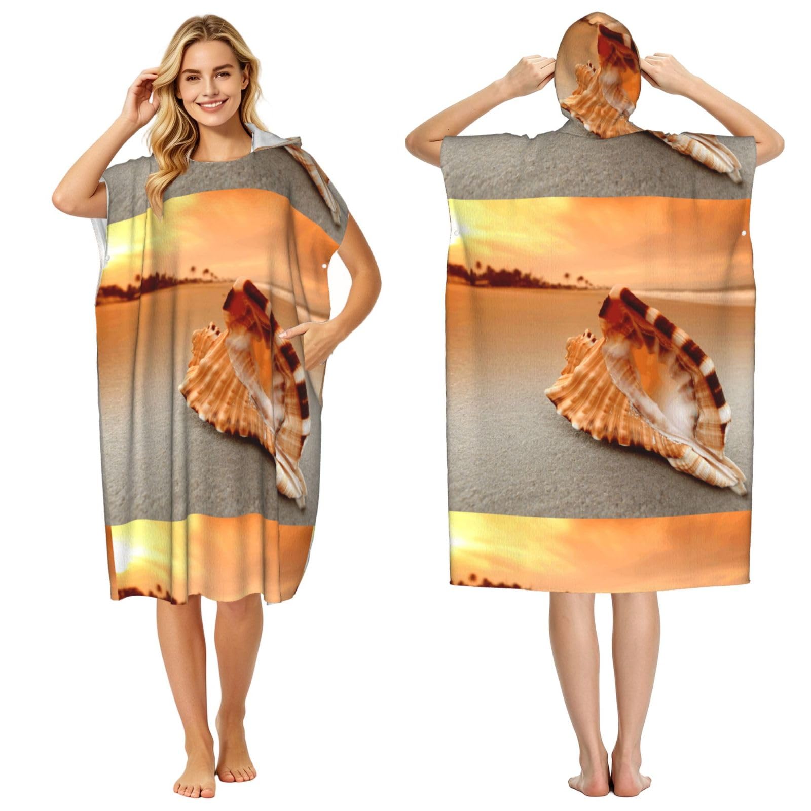 Poadnly Sunset Over The Sea The Shell Conch, Adult Hooded Beach Towel 90 x 110 cm,Changing Bath Robe, Surf Poncho Towel For Women Men