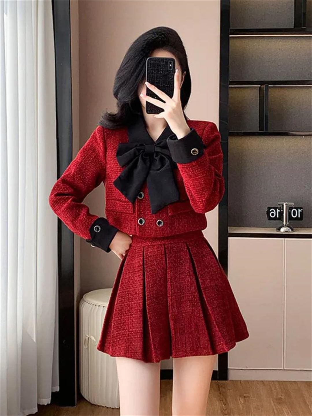 Women Tweed Two Piece Set Crop Jacket Mini Skirt Matching Outfit