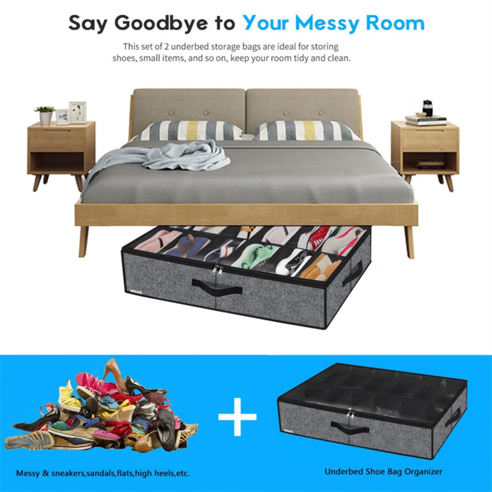 Organizer per scarpe sotto il letto, confezione da 2, per 24 paia, grande scatola per scarpe sotto il letto, organizer trasparente pieghevole per scarpe sotto il letto