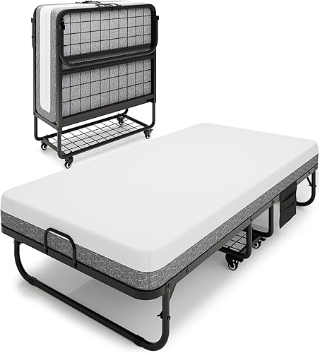 iPormis Cama plegable con colchón, cama plegable individual de 76 x 38 pulgadas con bolsillo lateral y estante de almacenamiento, camas plegables