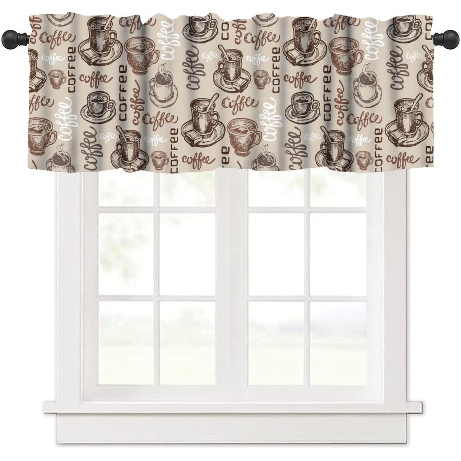 JADERYS Coffee Valance Curtains Brown Coffee Cups Rustic Vintage Abstract Art Design Rod Pocket Curtain Valance for Kitchen Bedroom Living Room Decor