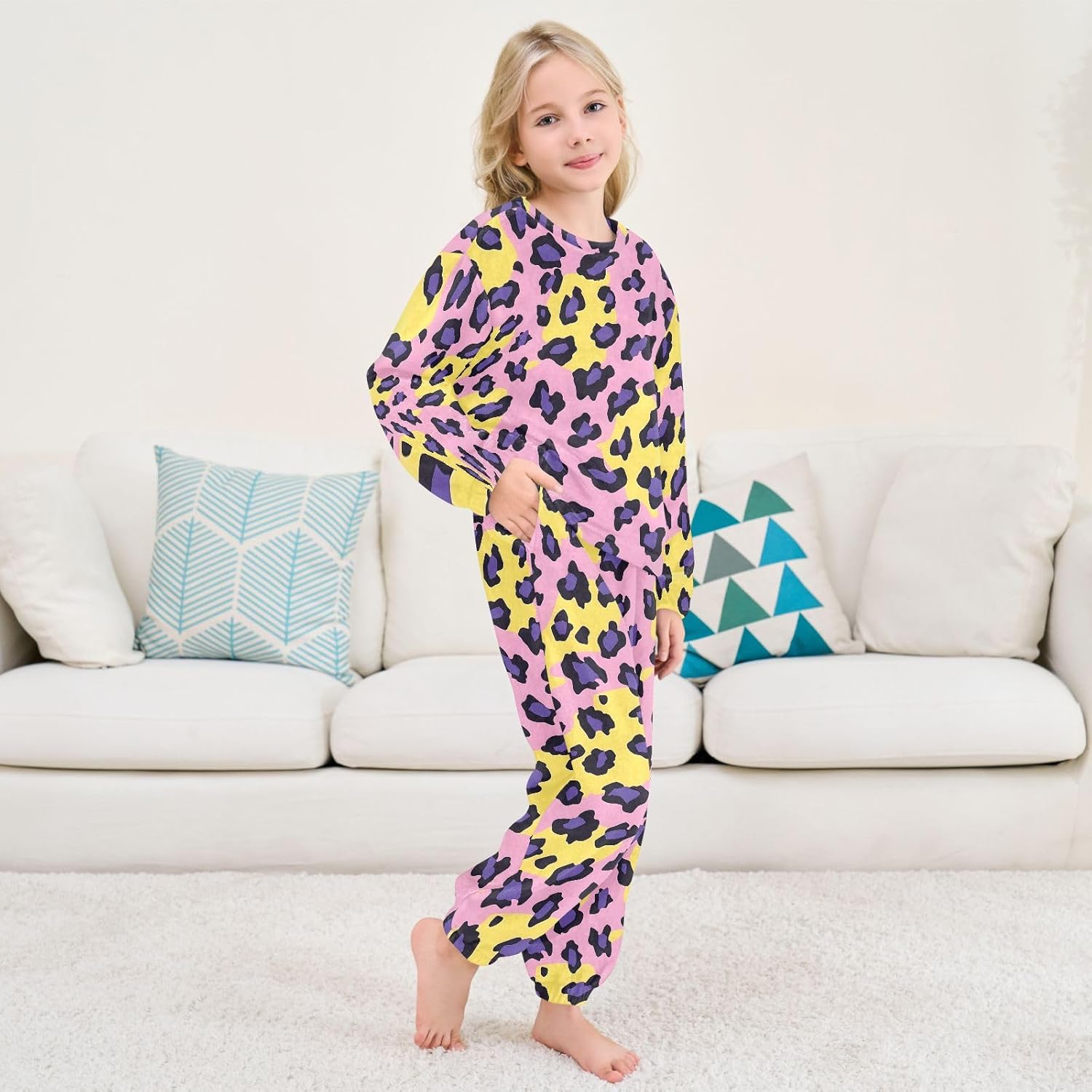 Kids Flannel Sets Yellow Purple Leopard Print Warm Plush Relaxed Clothing for Boys and Girls