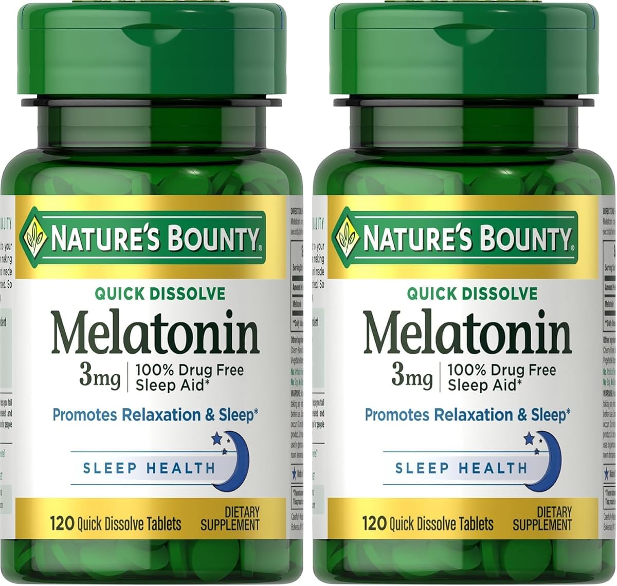 Melatonina de Nature's Bounty, promueve la relajación y el sueño, ayuda para dormir 100% libre de drogas, 3 mg, 120 tabletas de disolución rápida (paquete de 2)