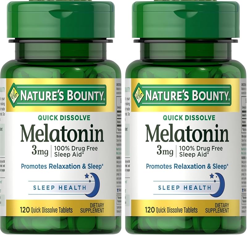 Melatonina de Nature's Bounty, promueve la relajación y el sueño, ayuda para dormir 100% libre de drogas, 3 mg, 120 tabletas de disolución rápida (paquete de 2)