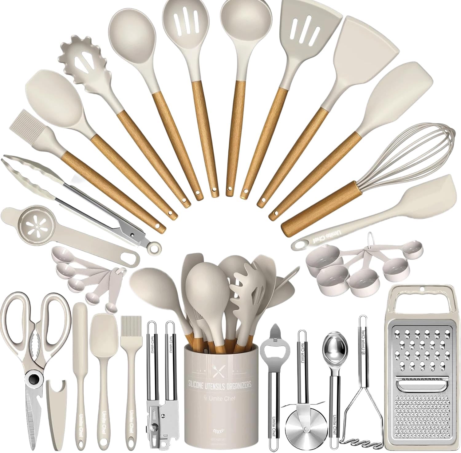 Thickened Silicone Cooking Utensils Set with Natural Wooden Handle- Umite Chef Khaki Kitchen Utensils Set, 34PCS Heat Resistant Kitchen Gadgets Tools Set, Kitchen Spatula Set for Nonstick Cookware