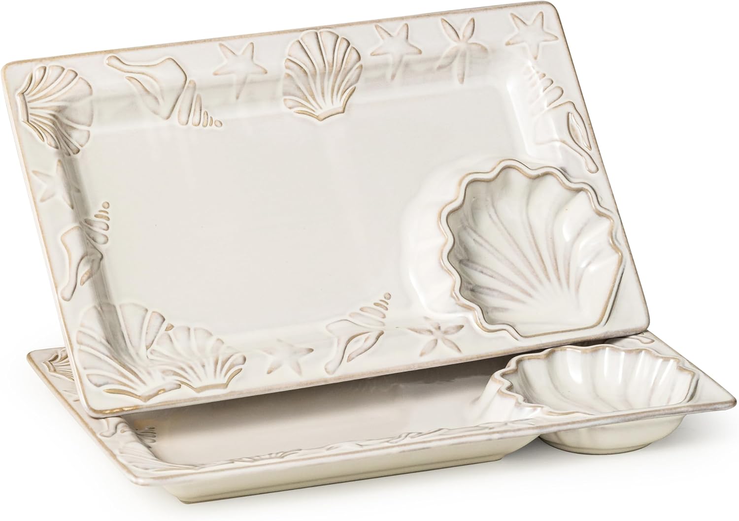 Serving Platters and Trays Set of 2, Large Serving Platter with Dipping Bowls, Christmas Serving Dishes for Entertaining, 14" Ceramic Rectangular Serving Trays for Party - Coastal Decor, Creamy White Creamy White Extra Large Platters