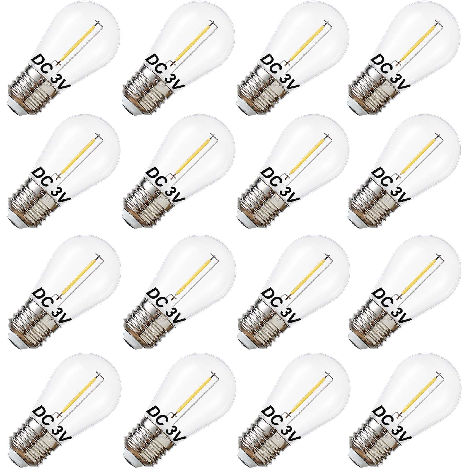 Guirnalda de bombillas solares de bajo voltaje de 3 V CC, bombillas LED S14 resistentes al agua, base mediana E26, 1 W, 2700 K (16, blanco cálido)