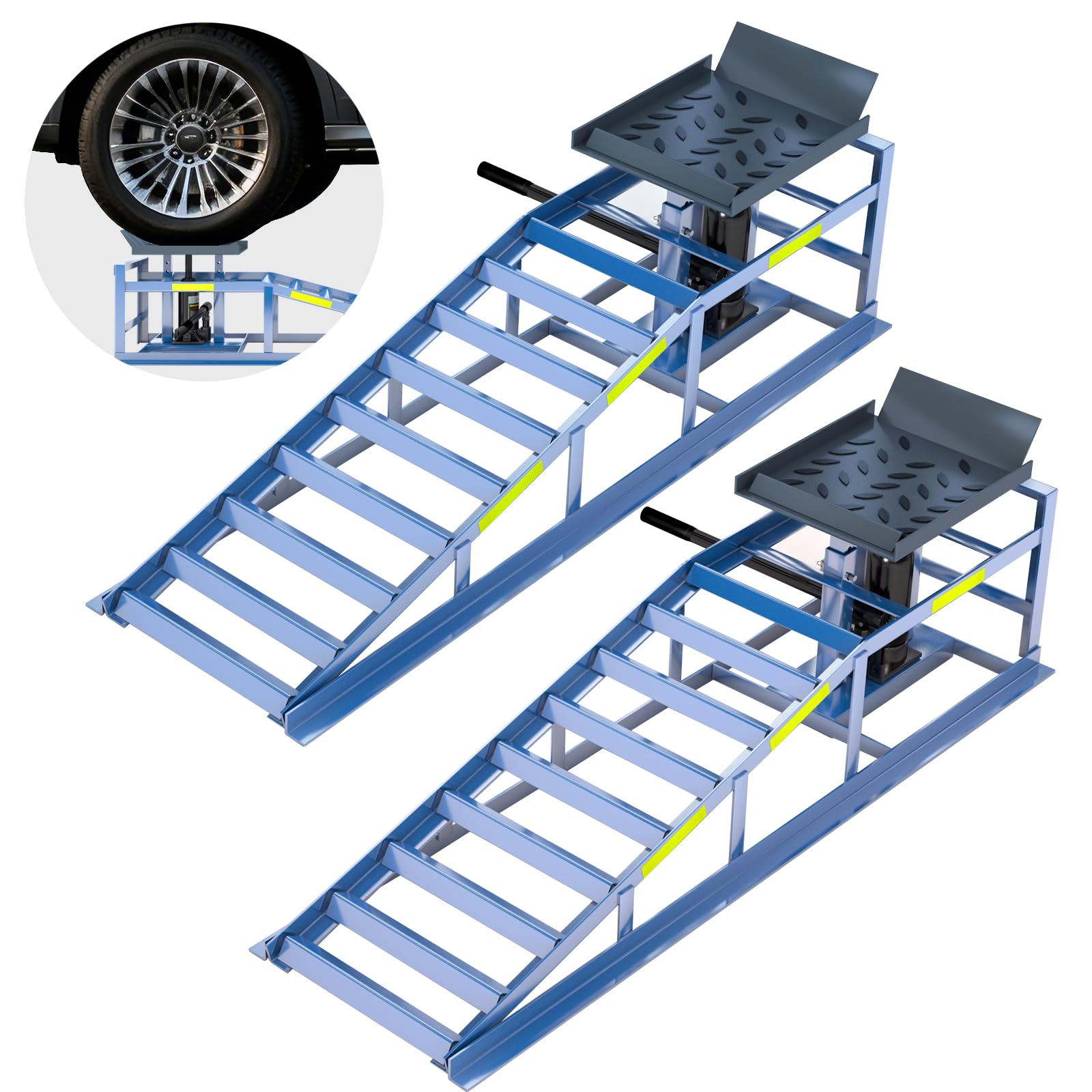 2 rampas para automóvil, rampa de alta carga de 5T/10000 libras, rampa hidráulica de cambio de aceite con tira reflectante nocturna de alta visibilidad integrada, altura de elevación ajustable de 9.8