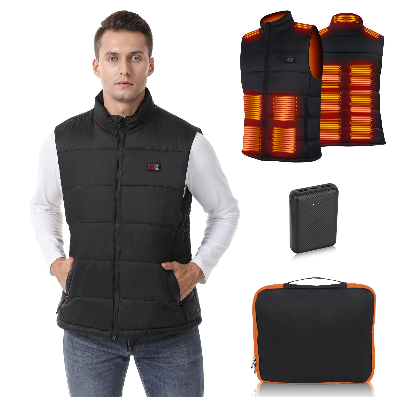 Gilet Chauffant Homme, 15 Zones Chauffantes Veste Chauffante avec Power Bank, Veste Chauffante avec Batterie 12000mAh ＆ 3 Réglages de Température, Gilet Chauffant Homme pour Ski et Randonnée