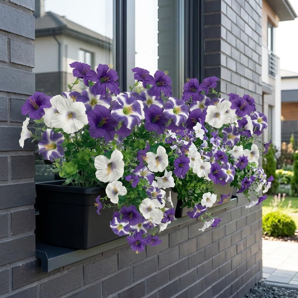 24 Bundles Artificial Flowers for Outdoors Fake Plants Spring Summer Decor, Realistic Fake Silk Flowers Colorful Morning Glory UV Resistant for Porch Outside Planter Porch Patio Yard (Purple-White)