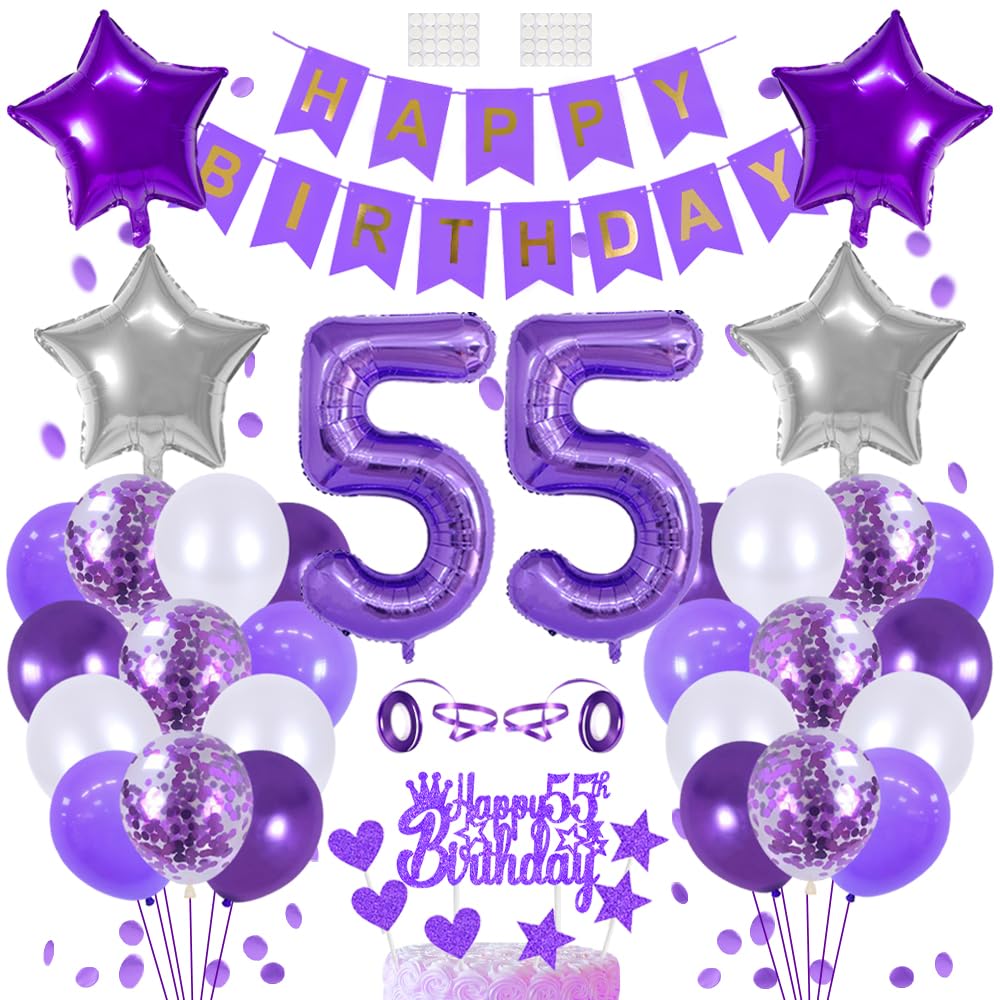 Guirlande de ballons violets et décorations pour anniversaire 55 ans