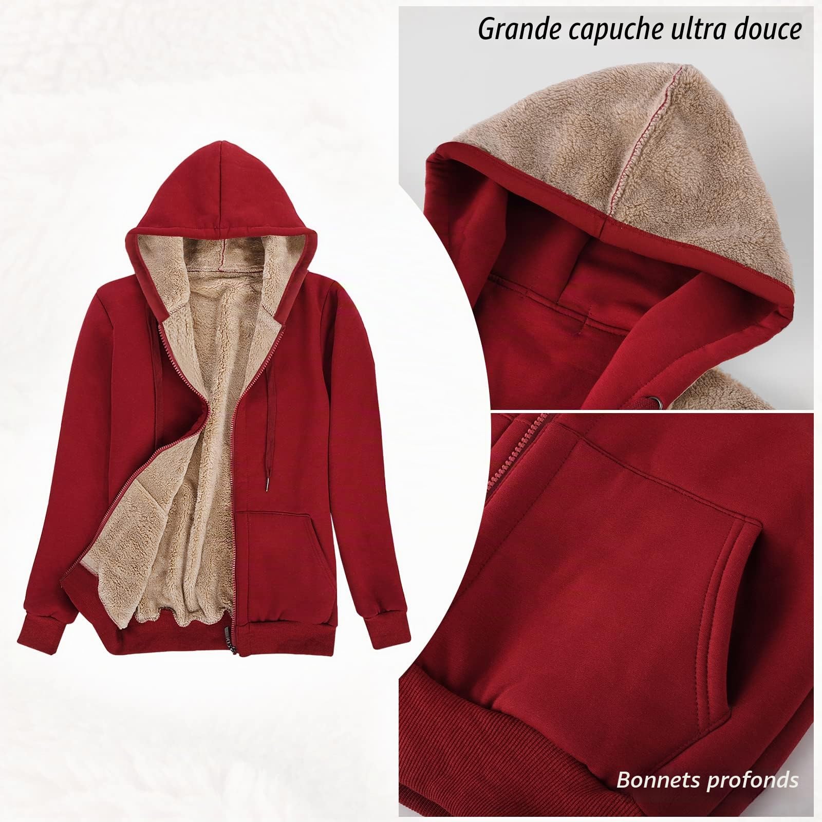 Voqeen Sweat-Shirt à Capuche Doublure Polaire Femme Sweat à Capuche Manteau en Peluche Veste Zippée à Capuche Chaud Zippé Sweat-Shirt Hiver Épais Hoodie Zip Up avec Poches