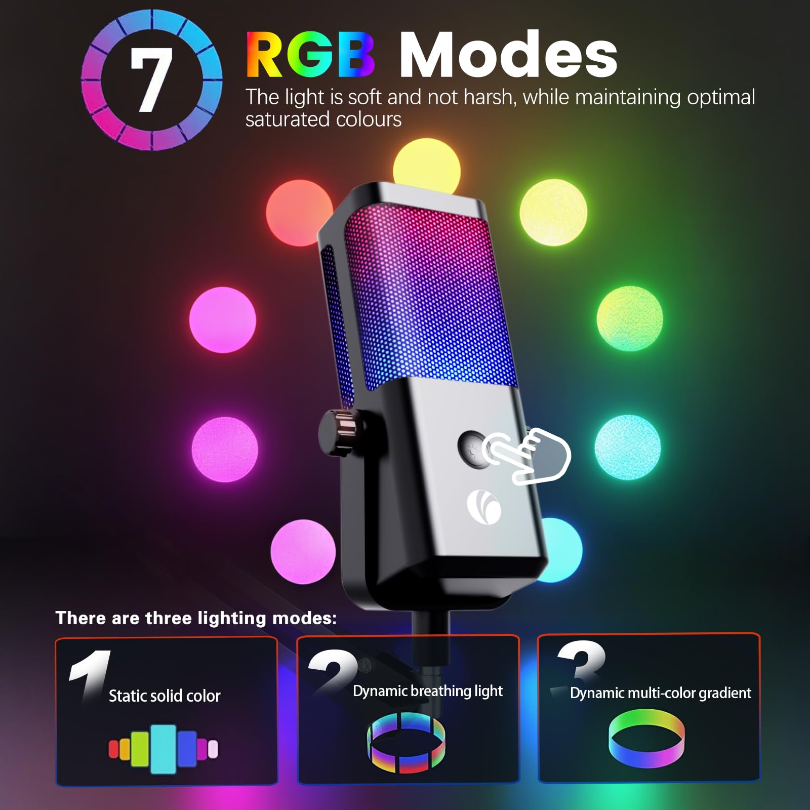 VCOM Microfono da gioco USB RGB con braccio a braccio, riduzione del rumore e muto one-touch, jack per cuffie da 3,5 mm, controllo del guadagno, microfono plug & play per PC, streaming, podcast