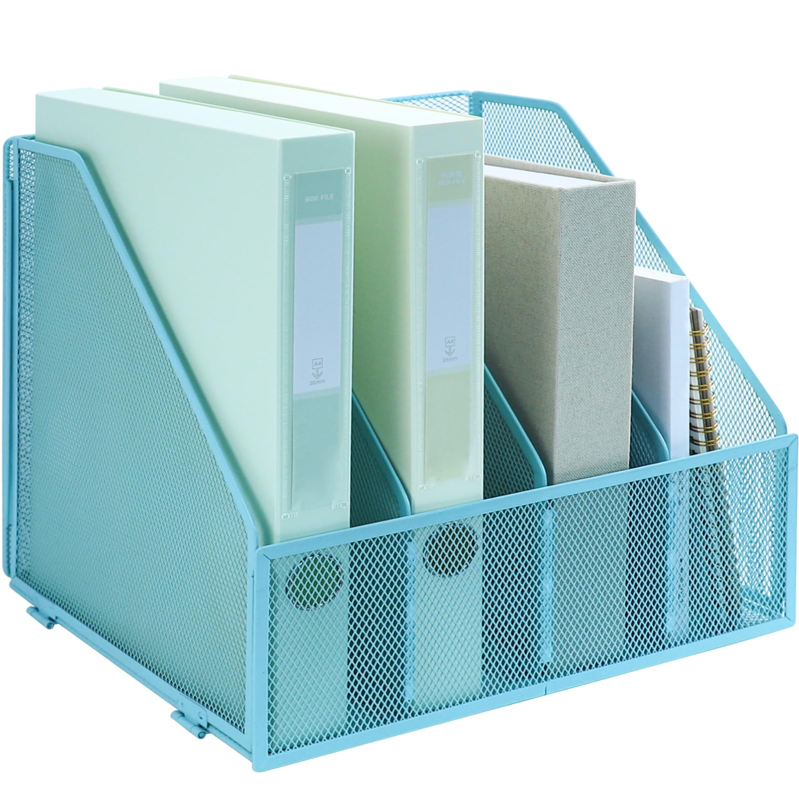 Iougdsec Sky Blue, 4 Vertical Compartments A4 File Holder Folding Bookshelf, 4 Vertical Compartments Magazine File Holder, Desk Organizer Document Folder For Office School And Home, Sky Blue