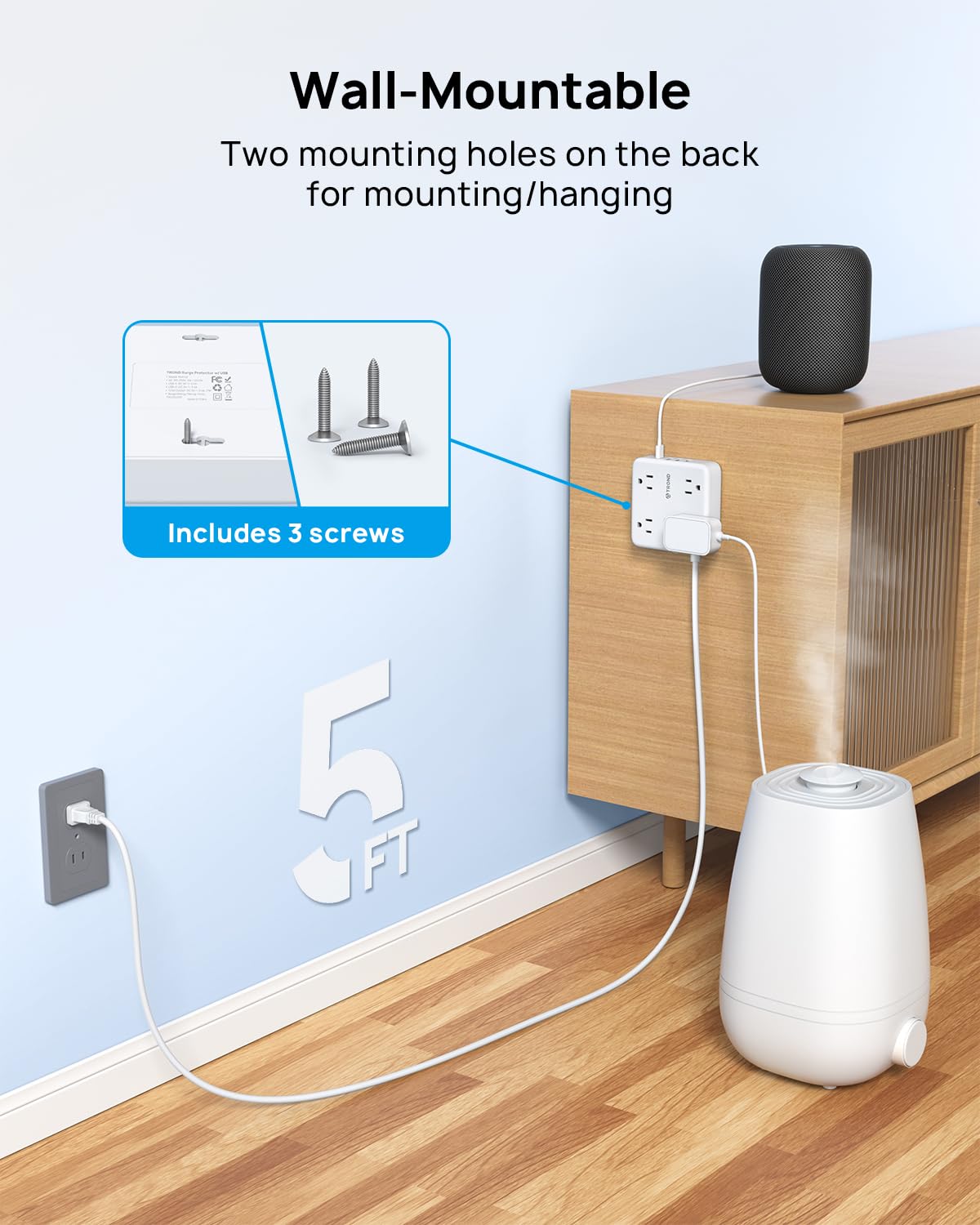 Snapklik.com : TROND 2 Prong Power Strip: 1440J Surge Protector, 5ft ...