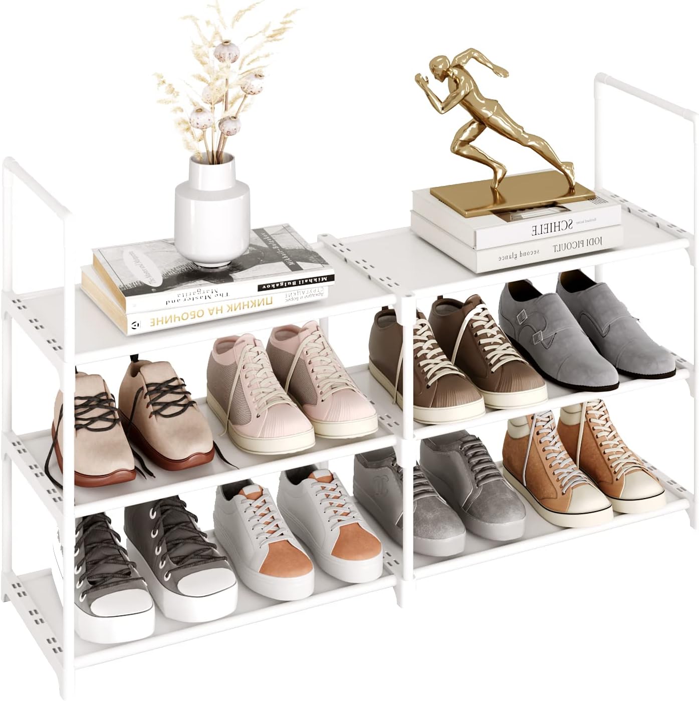 Yegazte Long 3-Tier Shoe Rack,Wide Shoe Storage Organizer Stackable Space Saving Shoe Shelf for 12-15 Pairs,Shoe Stand for Closet, Entryway and Hallway(White)