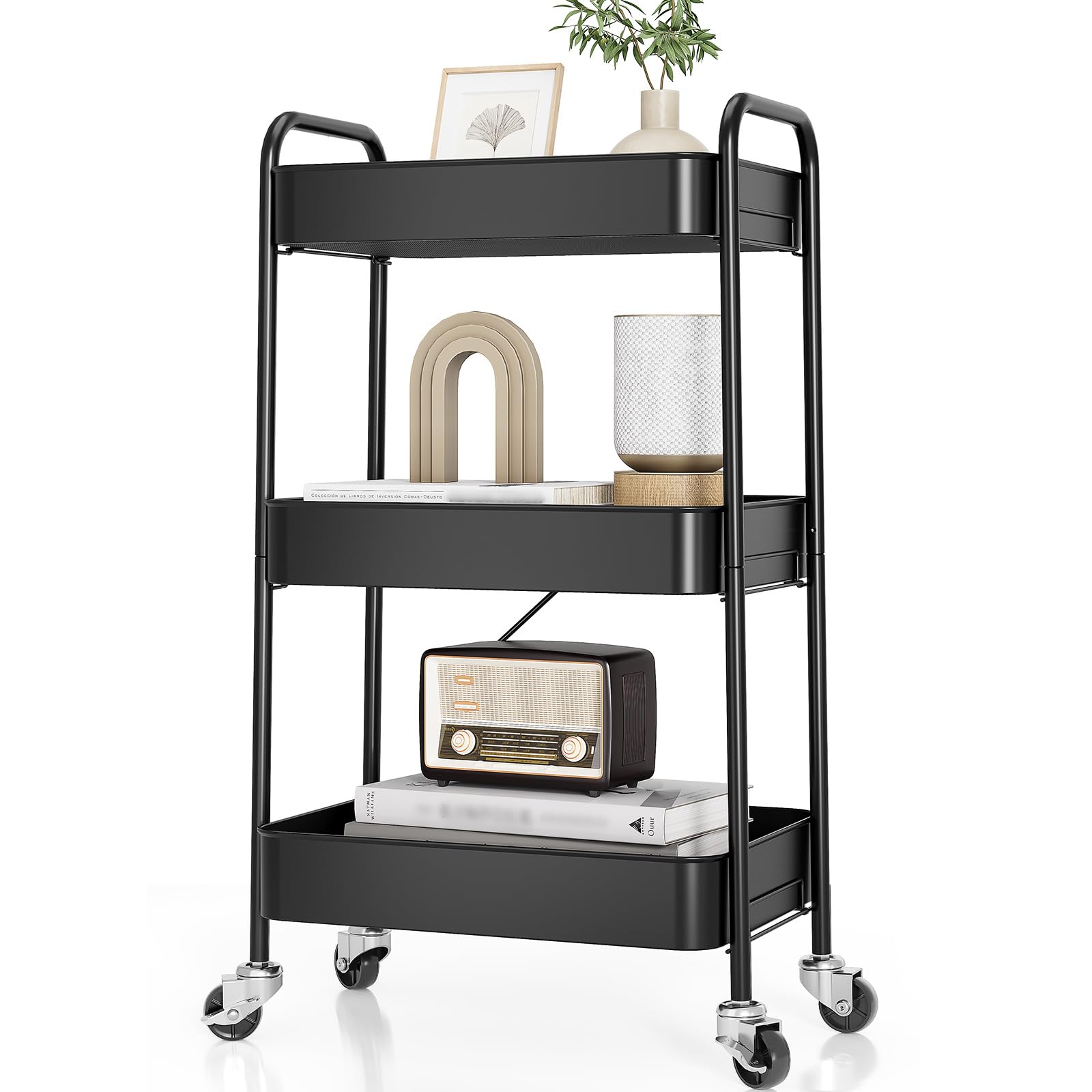 KINGRACK 3 Tier Metal Storage Trolley on Wheels, Beauty Book Craft Tea Art Trolley for Home Bathroom Kitchen Laundry, No screws needed Easy Rolling Utility Cart Mobile Storage Shelving Organizer