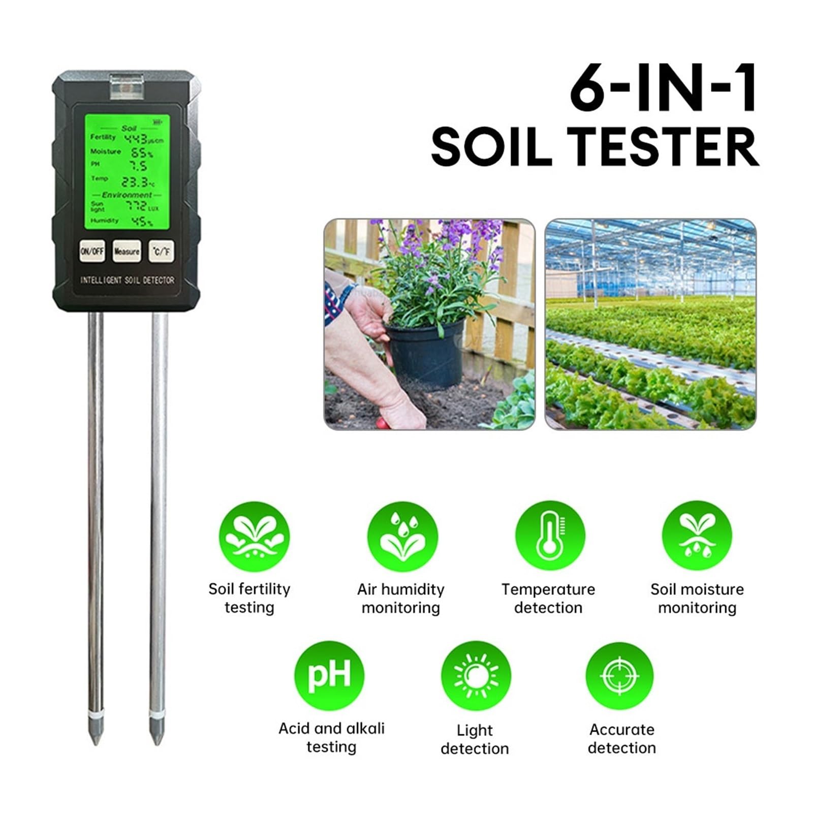 Misuratore di umidità 6 in 1, luce solare, pH, temperatura, umidità, fertilità del terreno, piante da giardino, fiori, tester di umidità, sensore di umidità del terreno