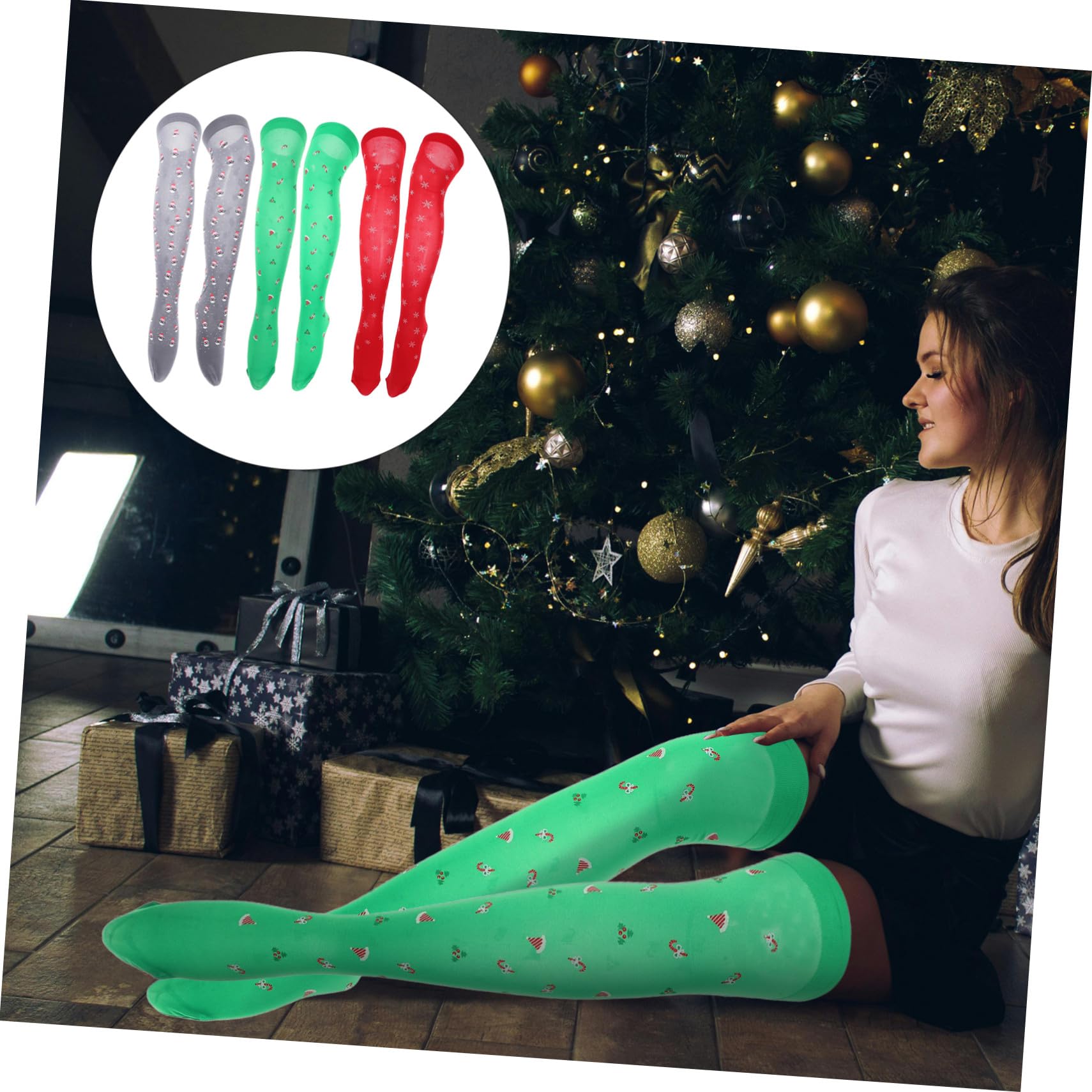 3pares Medias Navideñas De Seda Largas y Duraderas Calcetines Altos Para Mujer Medias Bonitas Diseño De Navidad Para Fiestas De Fin De Año