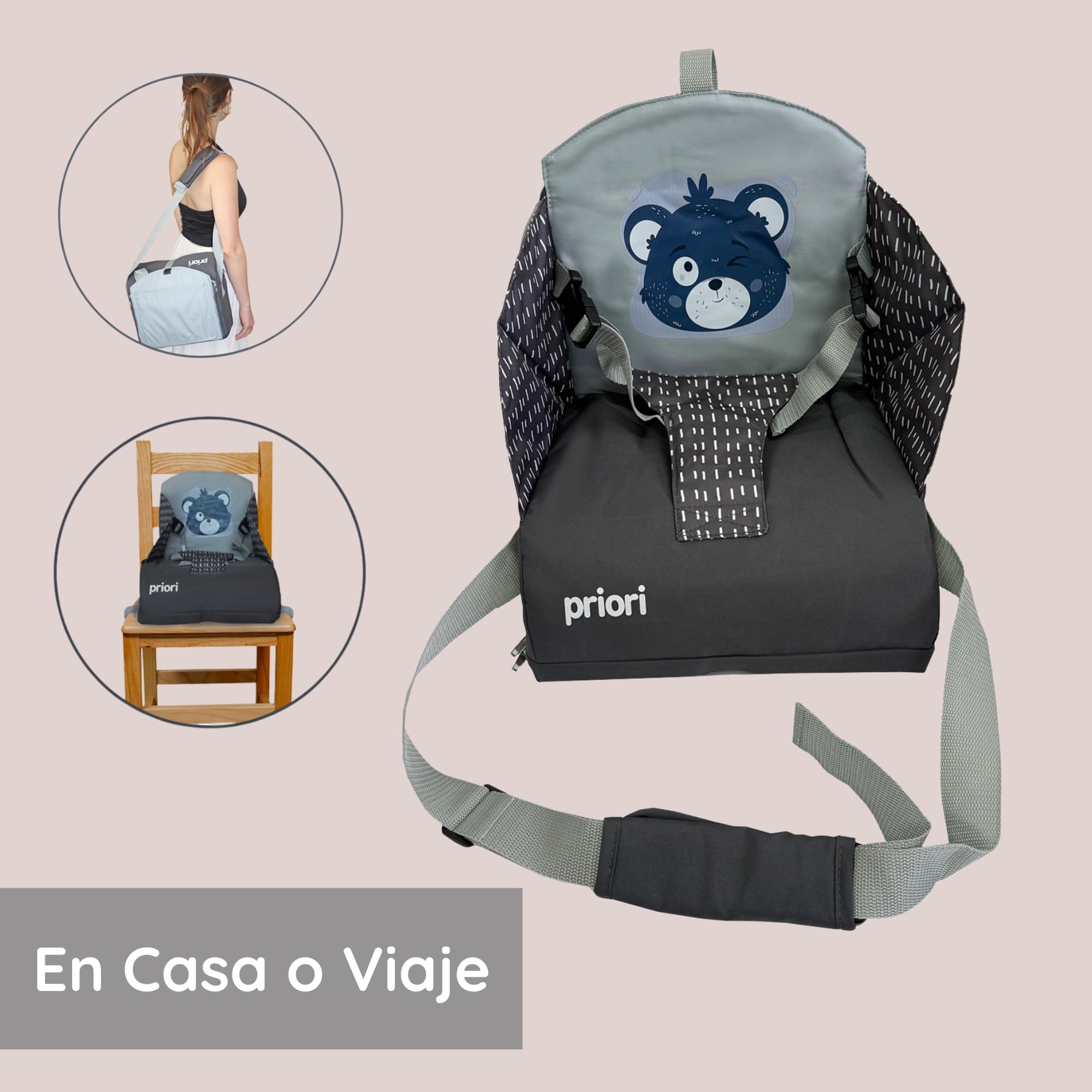 Chaise haute bébé portable Priori ALBI – siège rehausseur sécurisé et pliable, léger et confortable, avec harnais de sécurité, idéal pour les repas et les déplacements (Gris)