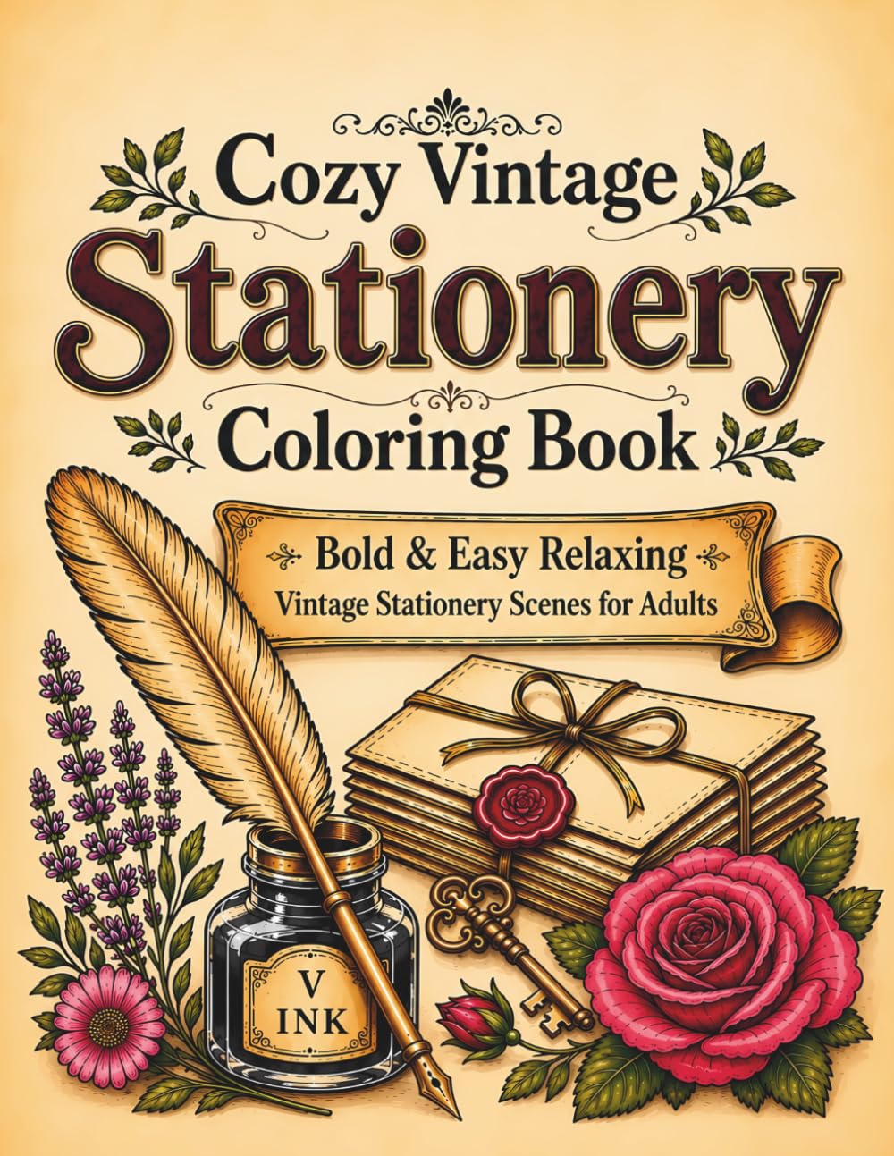 Cozy Vintage Stationery Coloring Book: Bold & Easy Relaxing Vintage Stationery Scenes for Adults