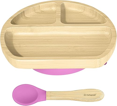Abiie Plato de bambú Octopod  Platos para niños de 4 meses en adelante, platos de bebé de 3 compartimentos con succión, plato de bebé triangular de