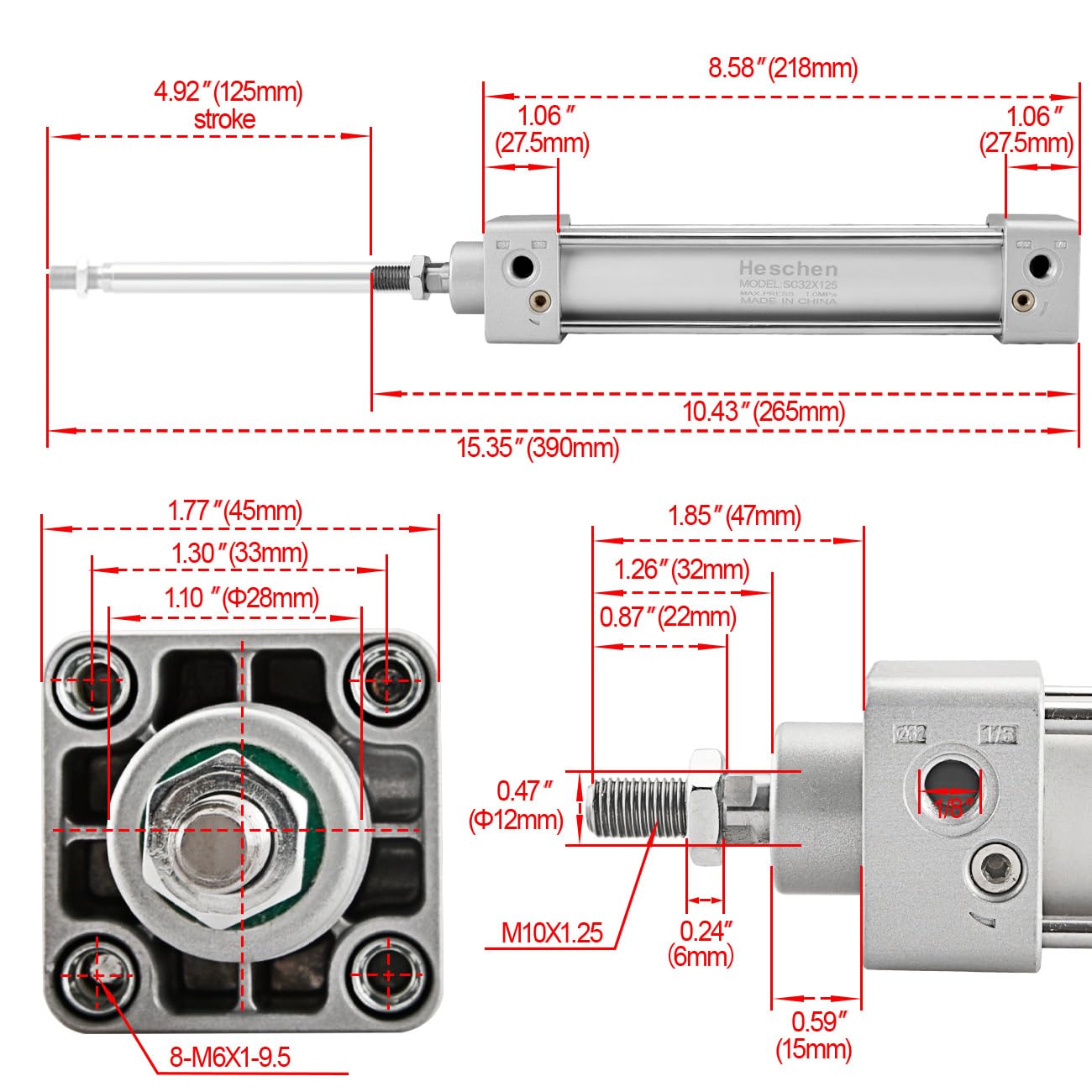 Cilindro Pneumatico Heschen SC 32-125 - Doppio Effetto, Alesaggio 32mm, Corsa 125mm | Per Applicazioni Industriali - Foto 10
