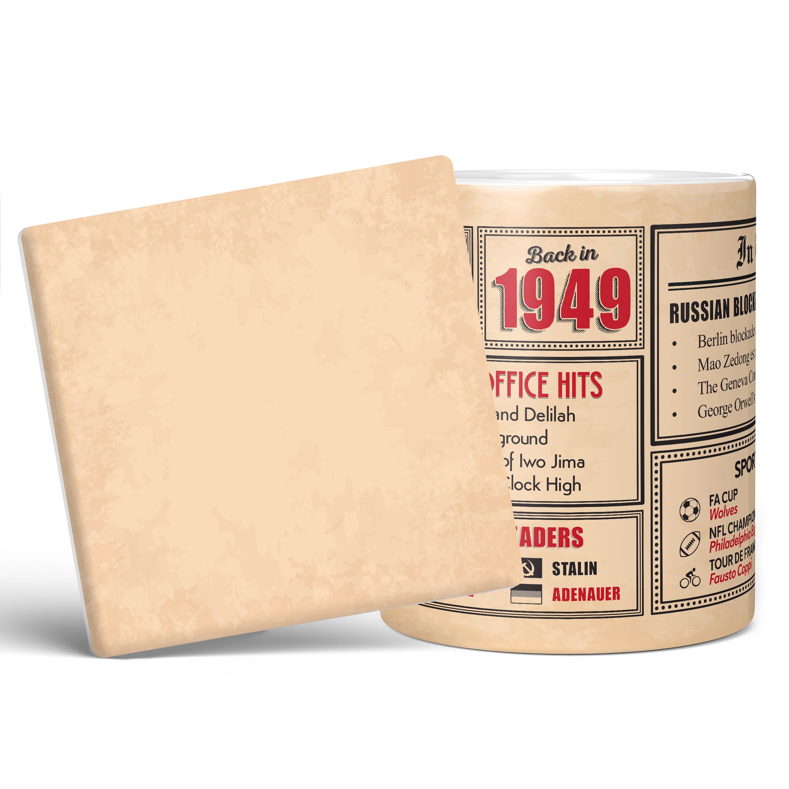 Mug Monster - 77th Birthday Gift - Back in 1949 in This Year Mug, Present for Men and Women, Birthday Gifts for Women, Birthday Gifts for Men, 77th Anniversary Present, 20oz White Mug & Coaster