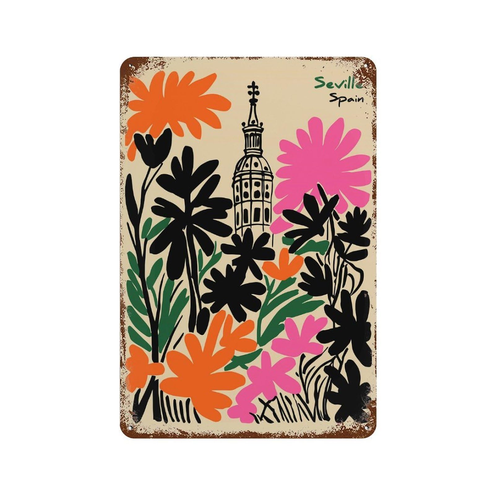Seville Spain Floral Illustration Retro Metal Sign 11.8"x7.9", for Bistro, Counter And Cafe Decor, Rustic Home Decor