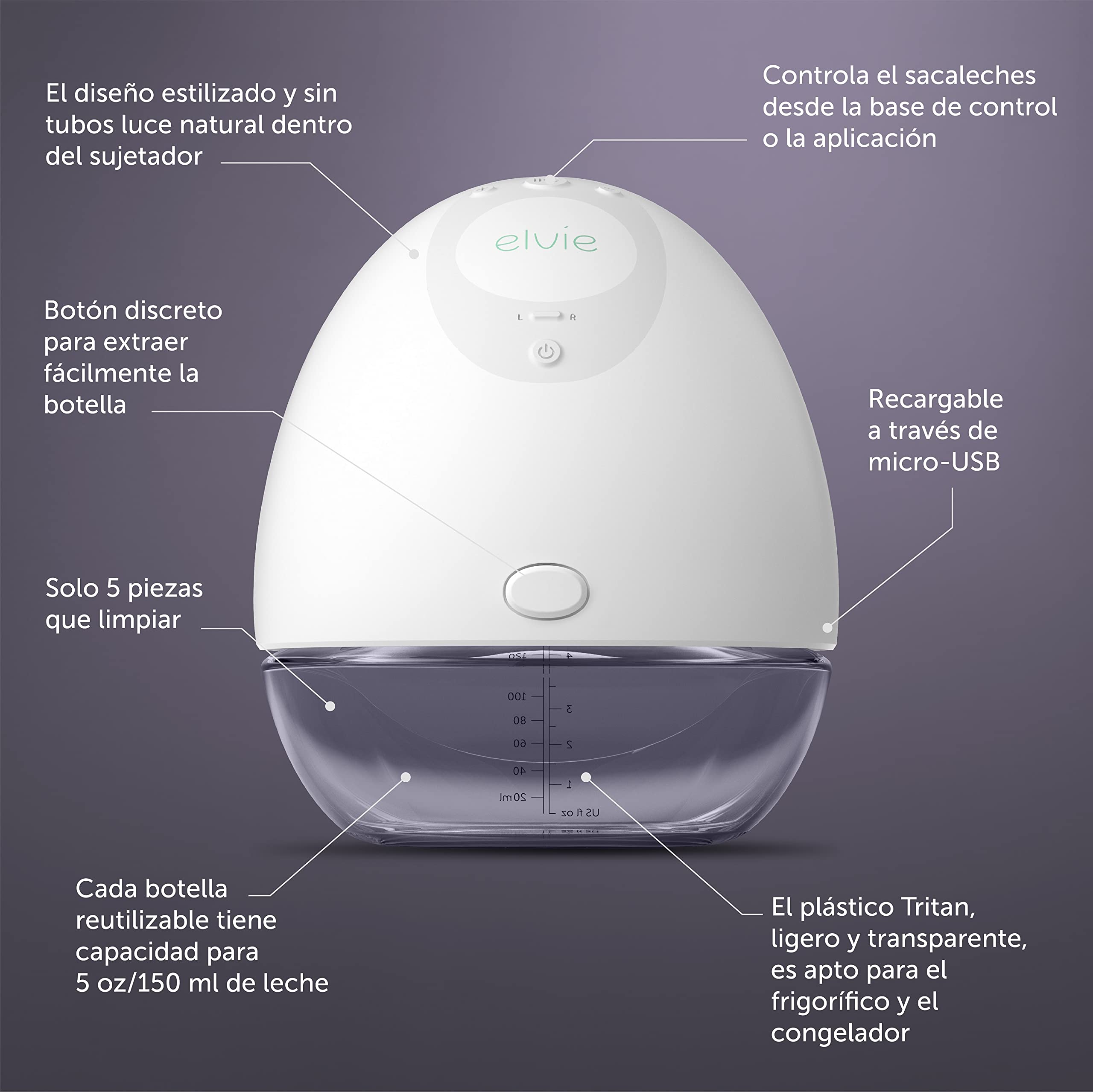 Elvie Pump Sacaleches Eléctrico Portátil Doble (conchas 21/24mm incluidas) - Silencioso, Manos Libres - Fácil de Limpiar y Transportar - Control via App - Sin Cables