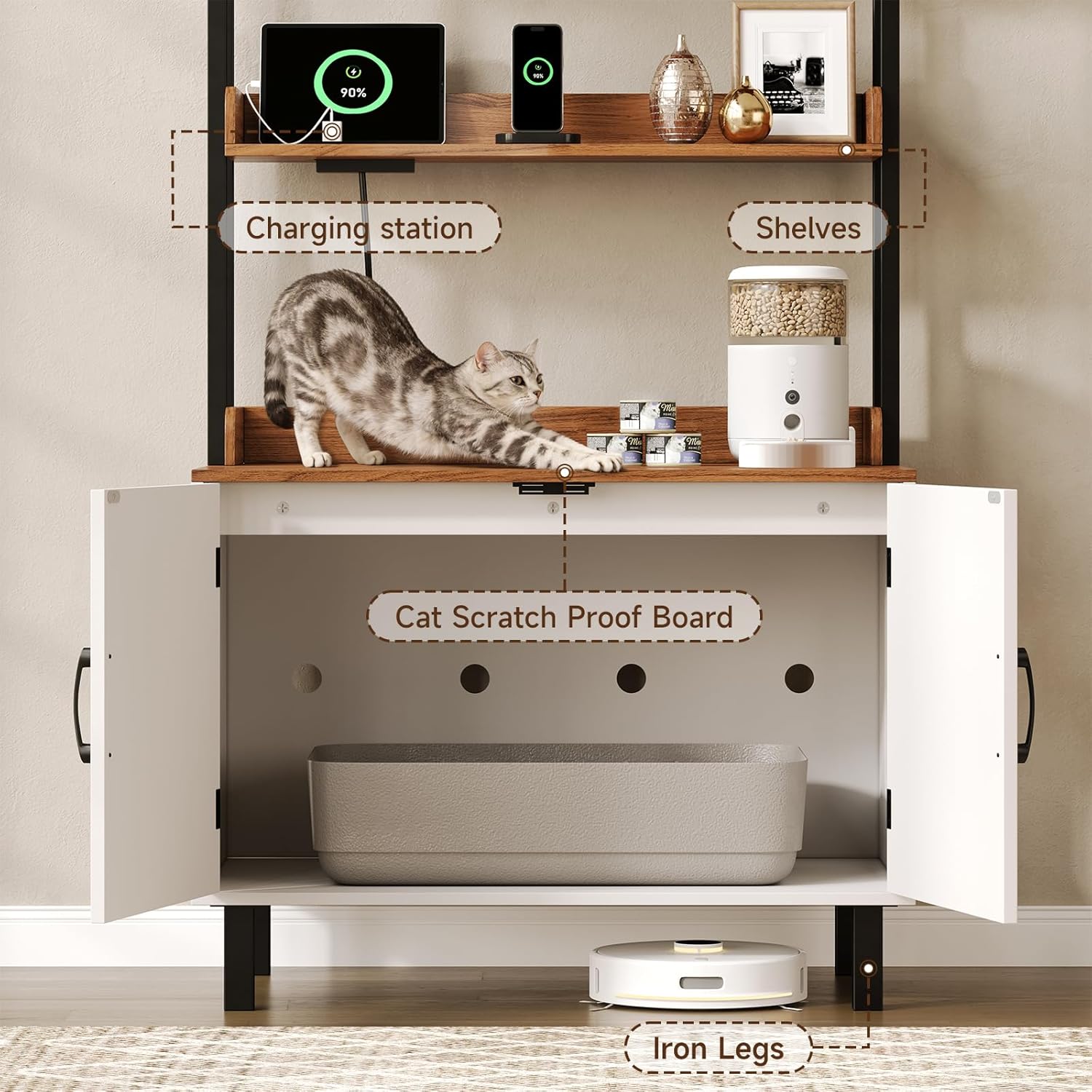 55'' Litter Box Enclosure with Shelves, Modern Cat Litter Box Furniture with Power Outlets&Storge, Hidden Cat House for Indoor Livingroom,Bedroom & Entryway,White