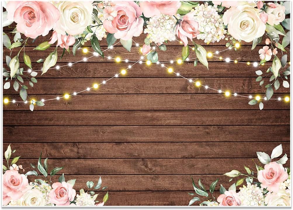 Avezano Blush Pink Floral Backdrop for Bridal Shower Wedding Birthday Party Decorations Rustic Country Chic Floral String Lights Photography Background Photoshoot (8x6ft)