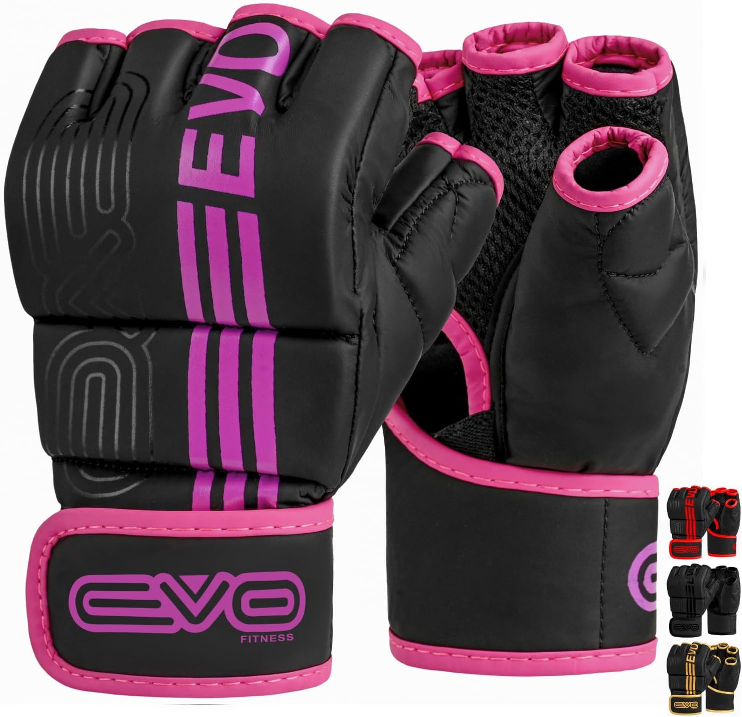 EVO Fitness Matte Black MMA Gloves Martial Arts Mitts Grappling Sparring Men Muay Thai Cage Fighting Boxing Combat Sports Fingerless Women Pink Kickboxing Punching Bag Training