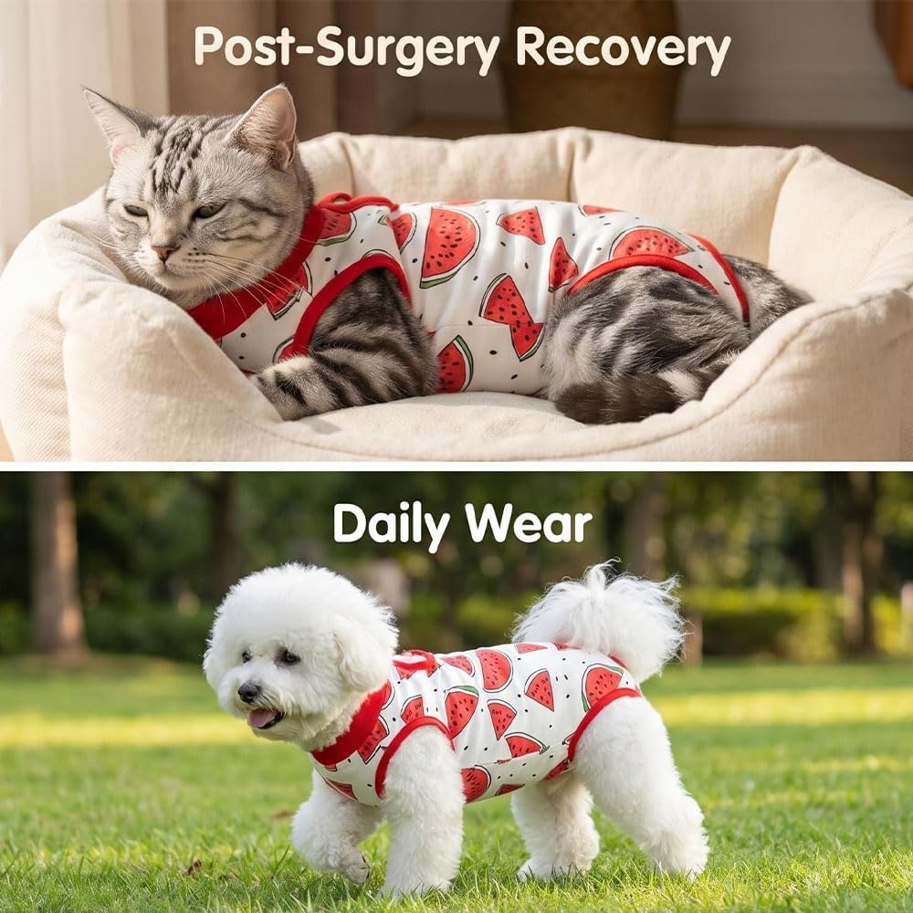 2-Pack Pet Post-Surgery Recovery Suit for Cats Dogs, Abdominal Wound Protector Anti-Licking, Soft Breathable Onesie with Adjustable Fit, Small Pets Universal Tee(Medium, Watermelon,Football)