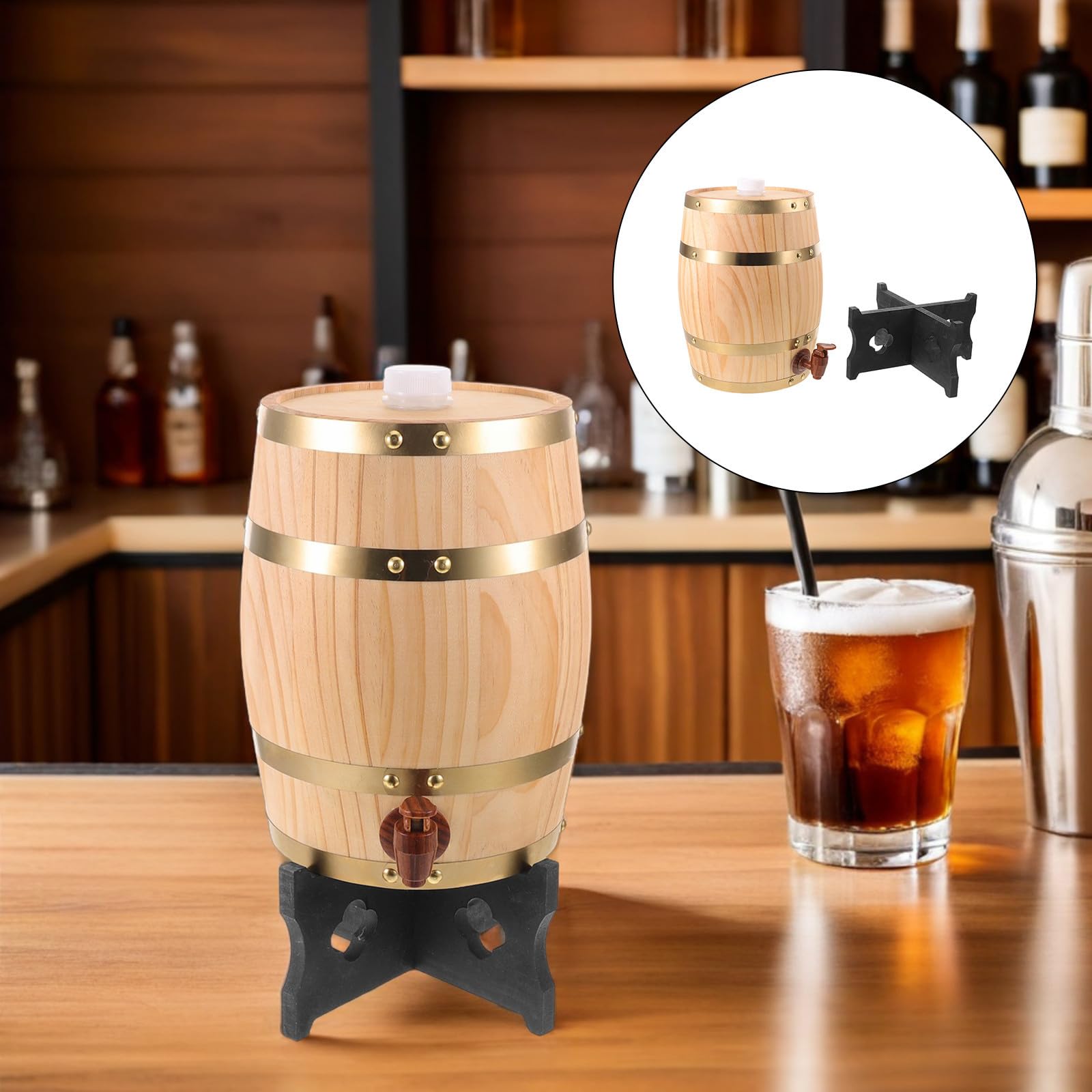 Cabilock Barril de Roble 5l de Madera para Vino y Cerveza Estilo Vintage | Grifo y Soporte Incluidos, Diseño Vertical Compacto, Uso Doméstico y Exhibición de Vino