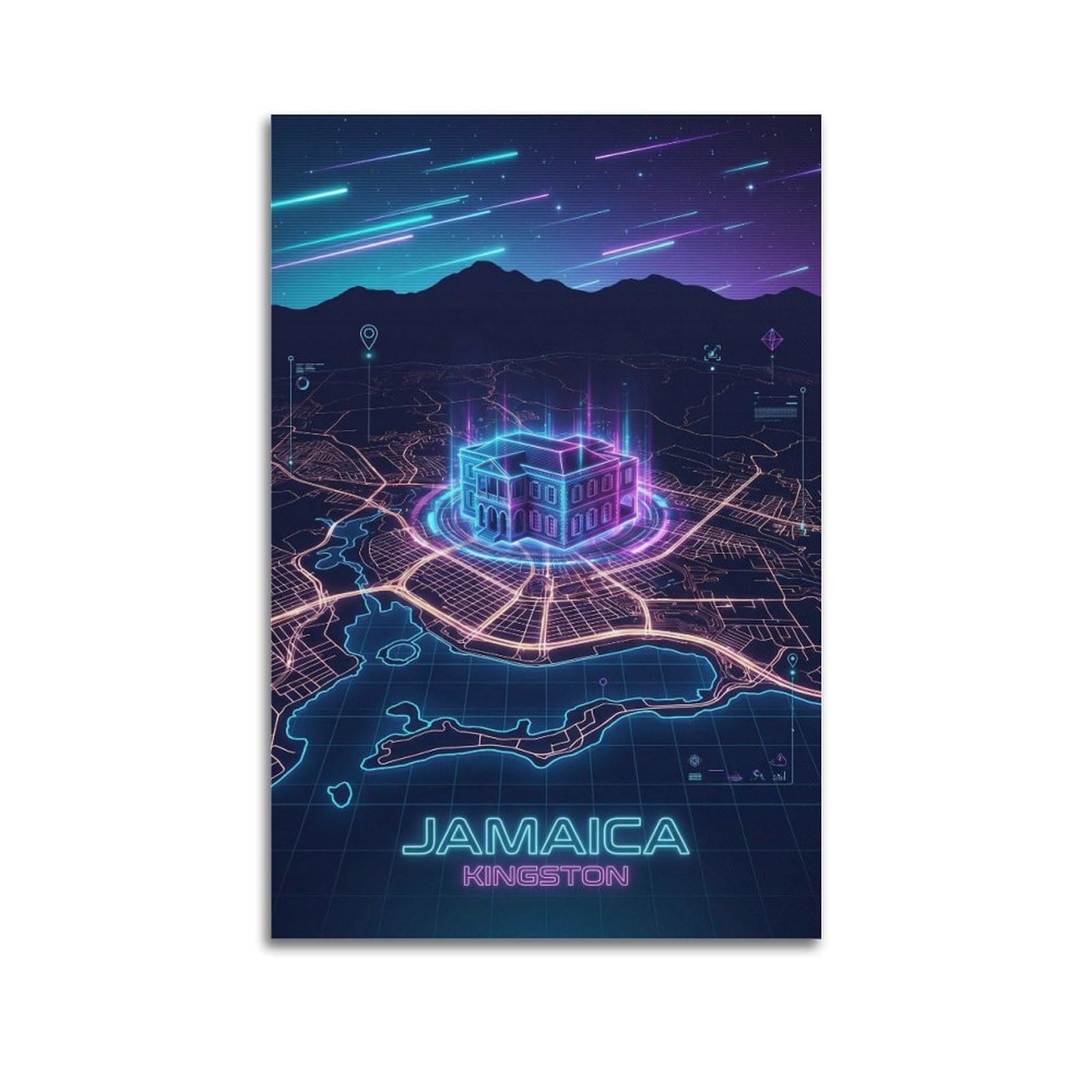 XKUGA Futuristic Neon City Map Poster Kingston Jamaica Modern Decorative Canvas Prints - Ideal Wall Art for Family, Man Cave, Game Room, Boys & Girls Bedroom 20x30inch(50x75cm)