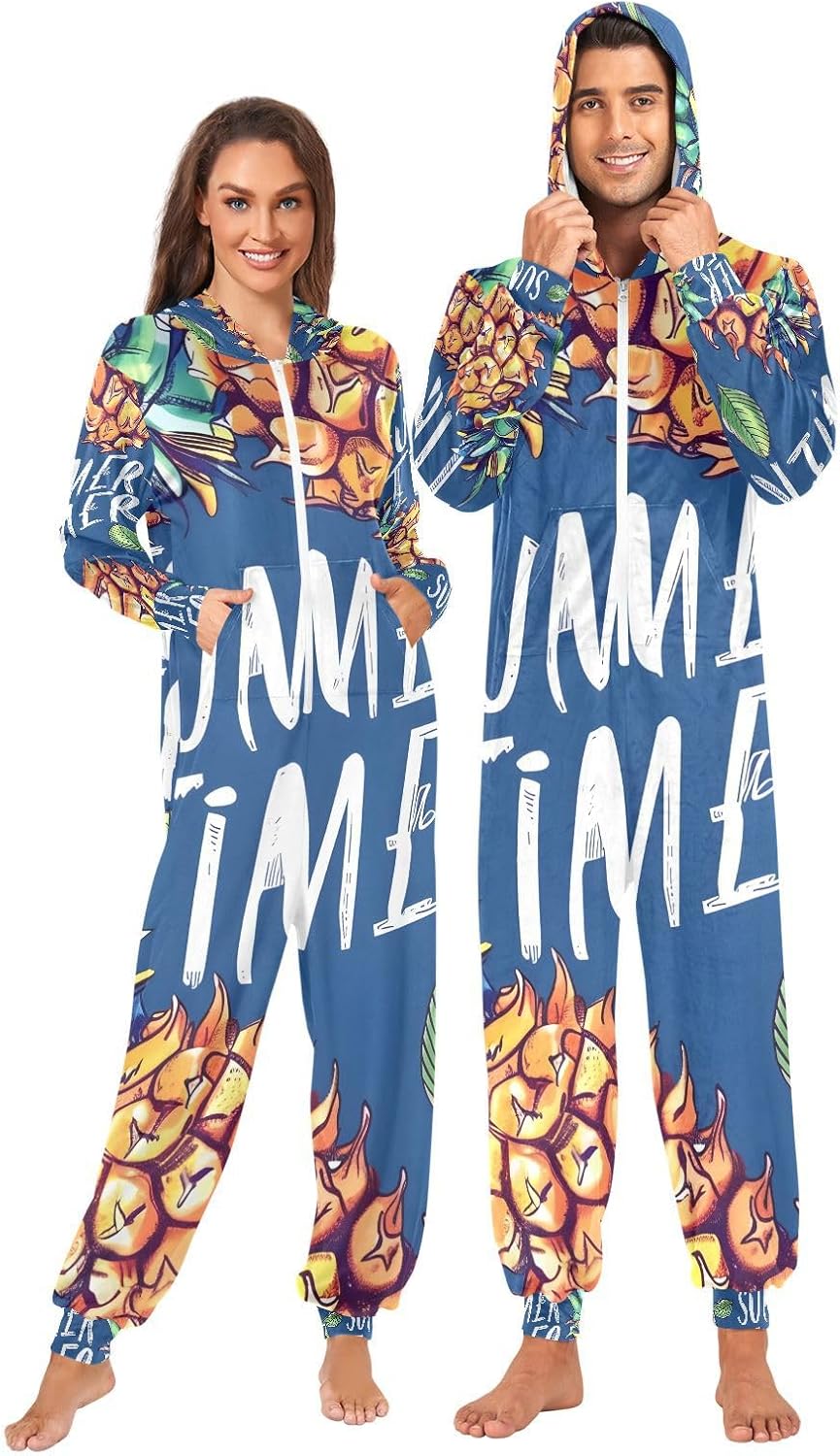 Pineapple Summer Tropical Fruits Unisex Adult Onesie Pajamas Comfy One Piece Costume Jumpsuits Novelty Sleepwear Homewear for Men Women