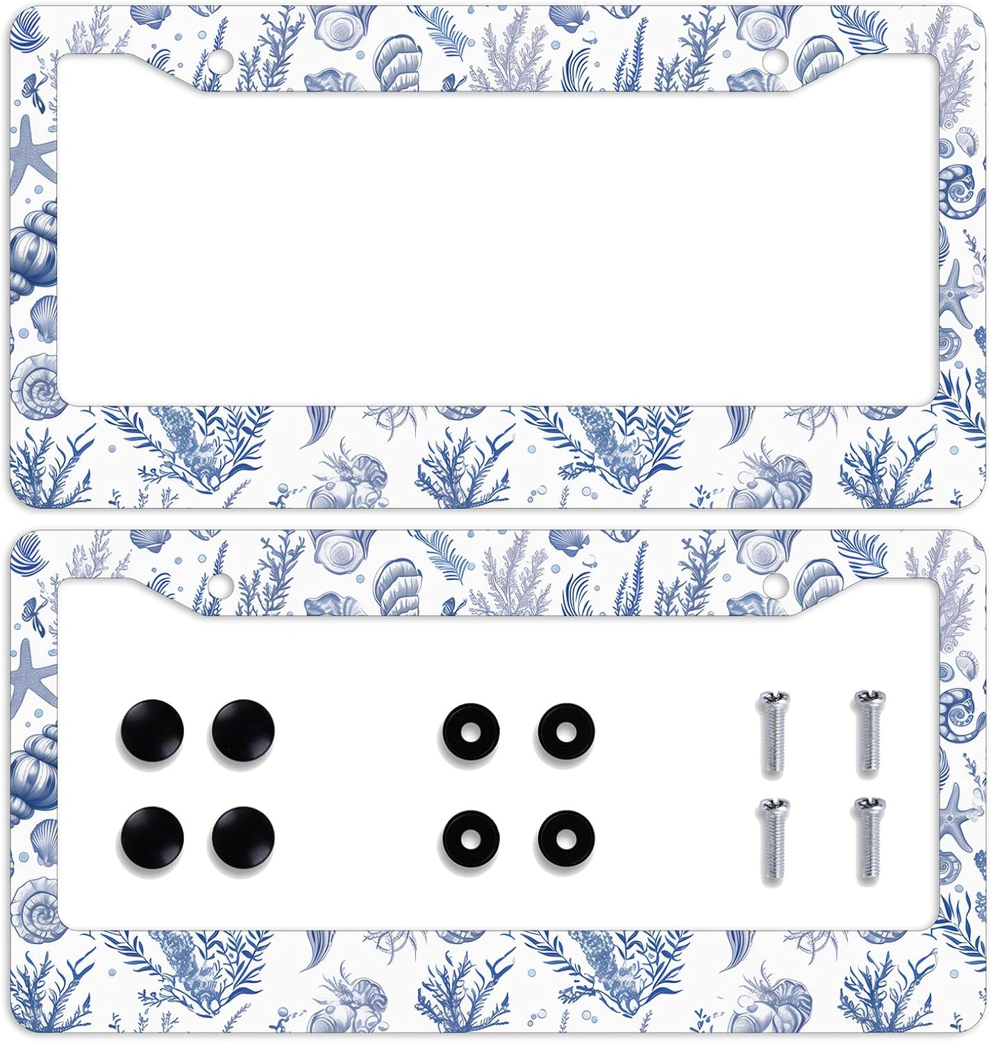 Marco de matrícula con carcasa vintage, marcos de matrícula de caracola azul del océano, marcos de matrícula personalizables, marcos de matrícula de