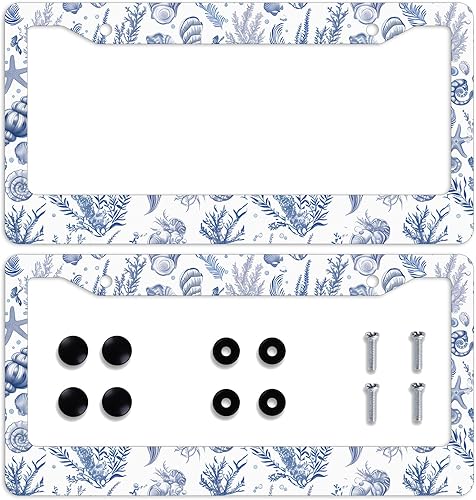 Marco de matrícula con carcasa vintage, marcos de matrícula de caracola azul del océano, marcos de matrícula personalizables, marcos de matrícula de