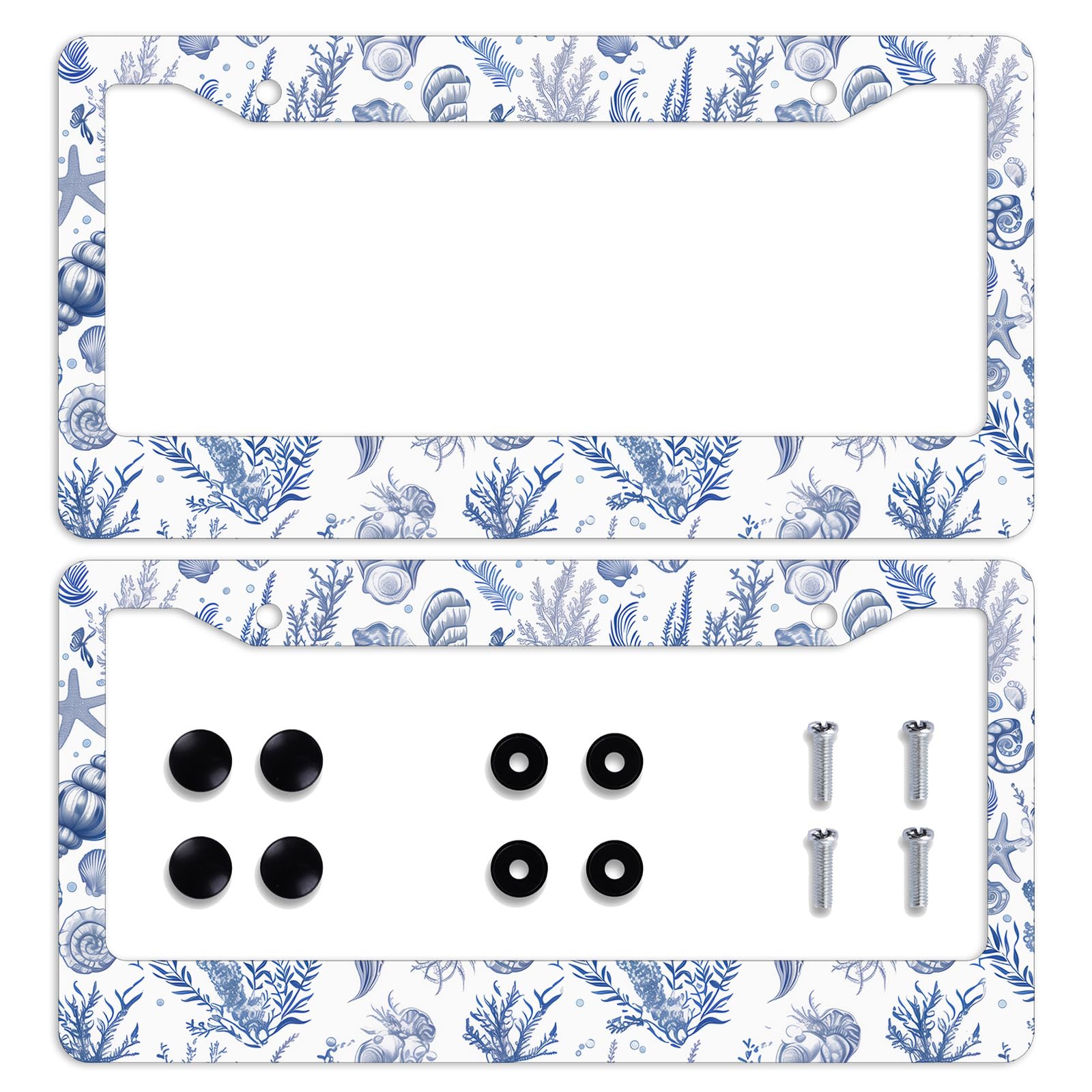 Vintage Shell License Plate Frame Blue Ocean Conch Sea License Plate Frames Personalise License Plate Frames Rust-Proof Stainless Steel Metal Car Plates Tag Funny Decor Men Women 12.2" X 6.2"