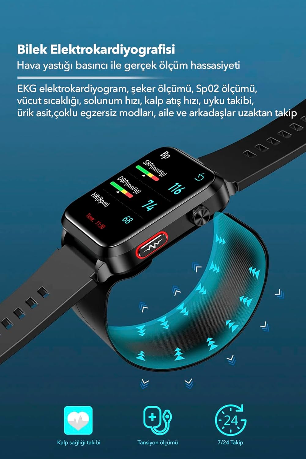 The Spovan Electro 2 Smart Watch demonstrating wrist electrocardiography and blood pressure measurement, with a visual representation of the data.