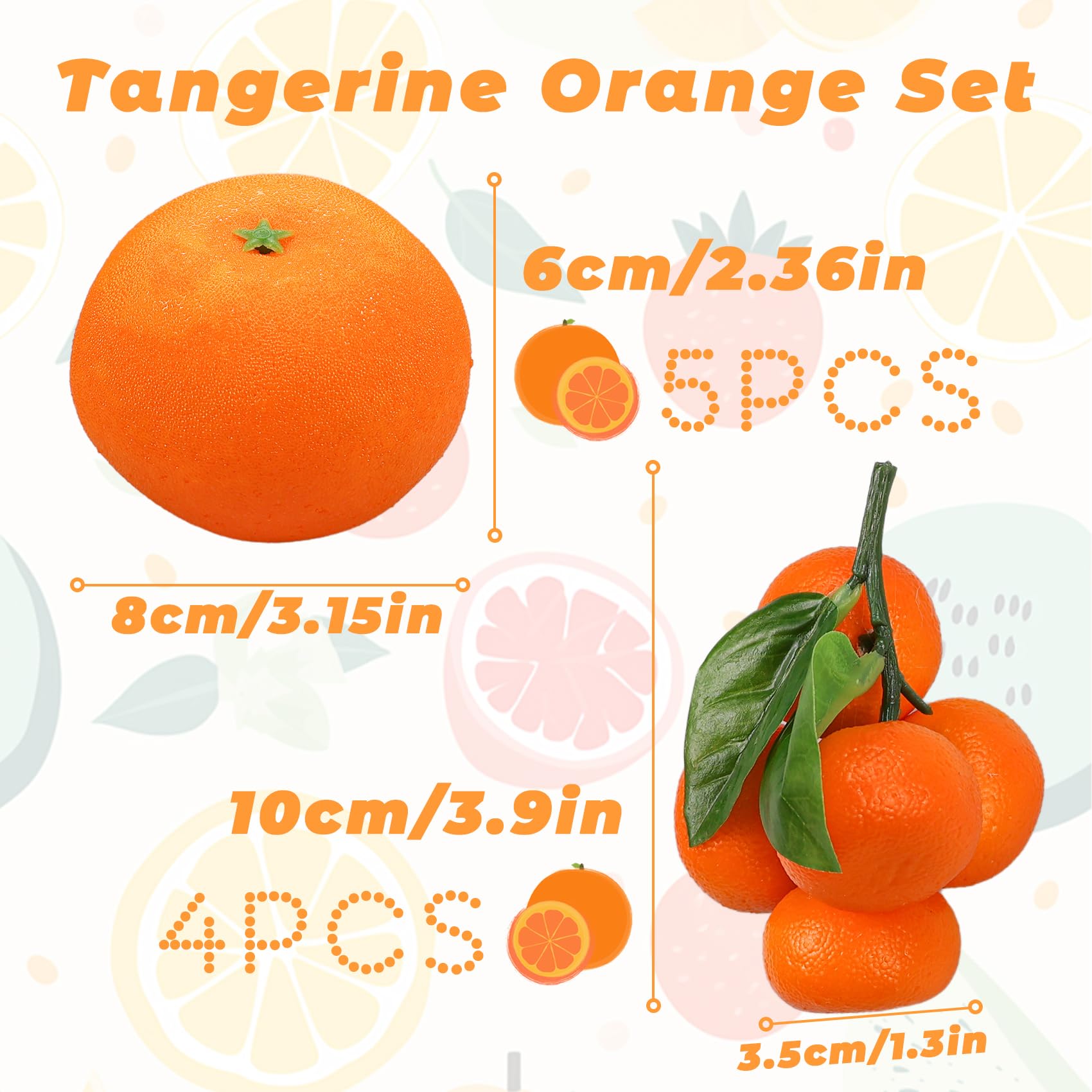 Fake Oranges, Artificial Oranges Fruits Decor Lifelike Fake Fruit Faux Cuties Tangerine for Decoration Fruit Bowl Tray, Orange Party Decor, Orange Kitchen Decor, 5 Large + 4 Clusters (20 Mini)