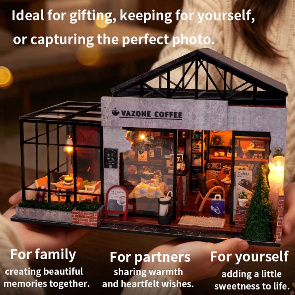 Kit de construction de maison miniature à faire soi-même, scène de café avec éclairage LED et œuvre musicale, modèle de décoration artisanal fait à la main pour décoration de bureau et de salon