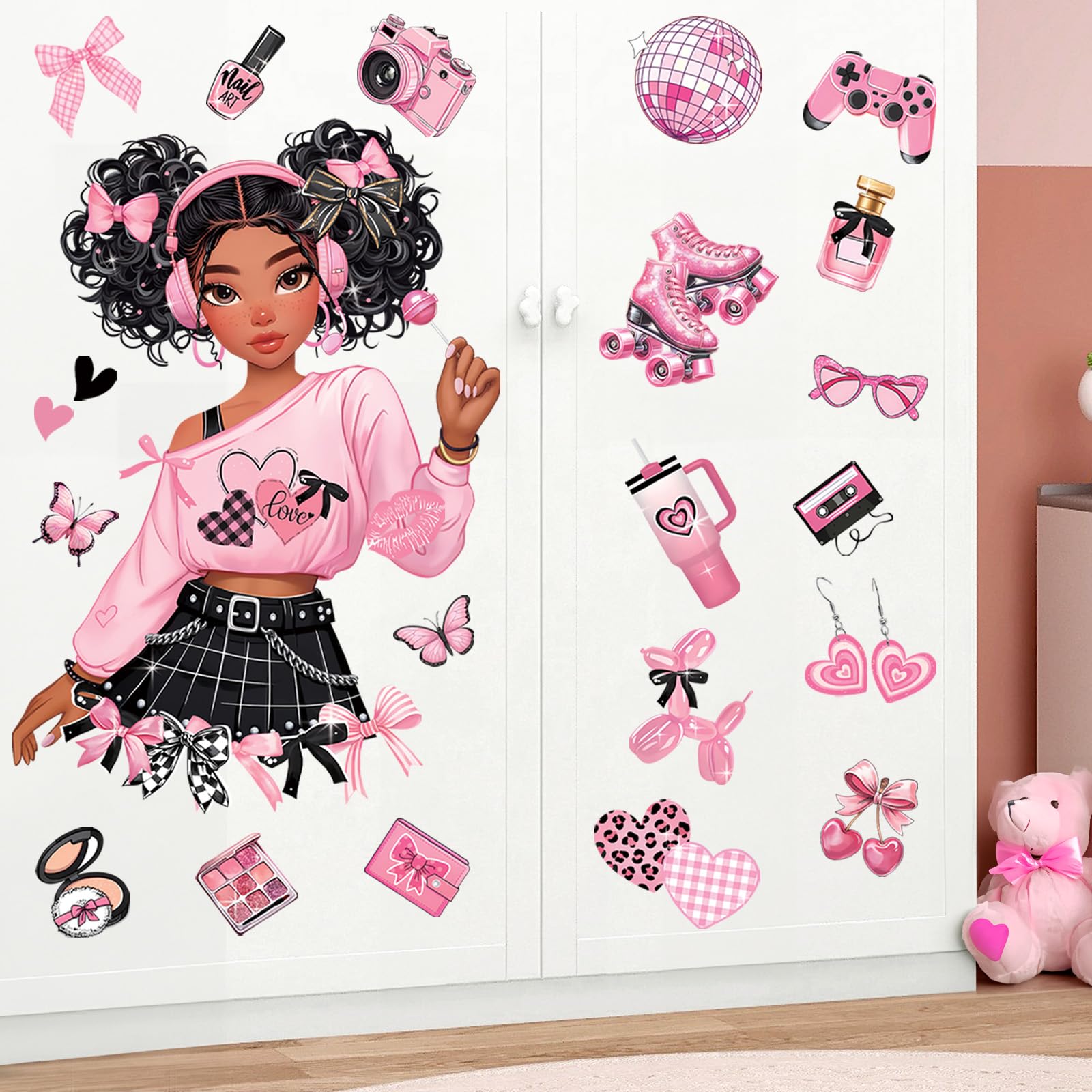 decalmile Black Girl Wall Stickers Pink Bow Butterfly African American Wall Decals Baby Nursery Bedroom Girls Room Wall Decor - Image 3