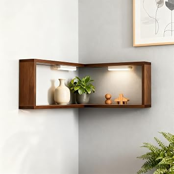 Smart Corner Shelves That Light up Your Space, Smart Corner Shelf with Light, Wooden Corner Wall Shelf-Turn Empty Corners into a Modern Design Statement 1, Walnut Wood